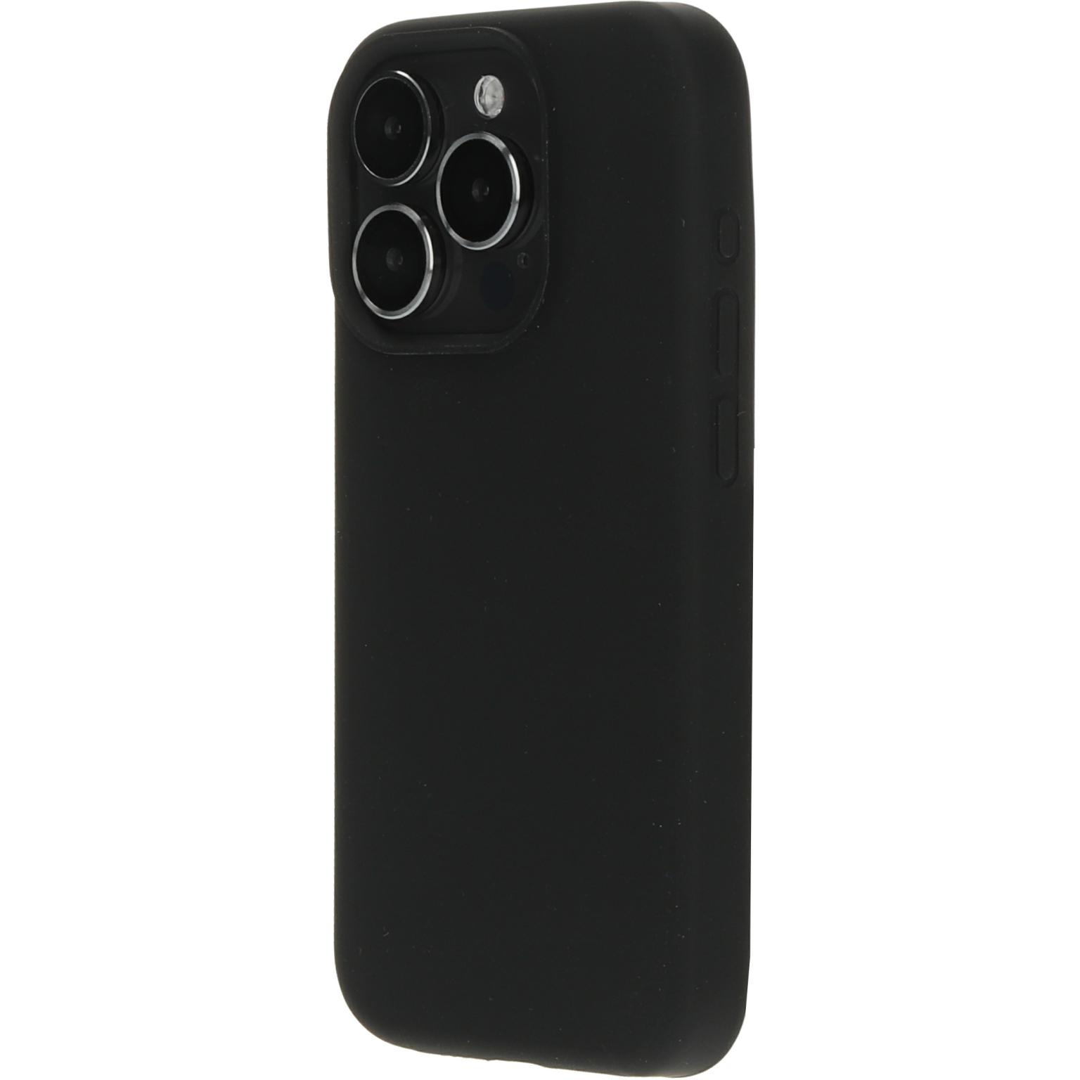 Zwart telefoonhoesje met drie cameralenzen, op een witte achtergrond.