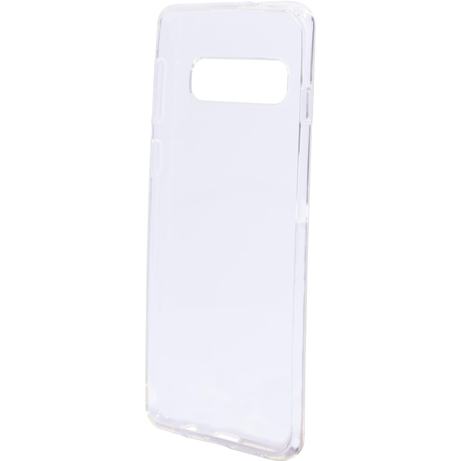 Een transparante telefoonhoes met een rechthoekige camera-uitsparing. De hoes is transparant.
