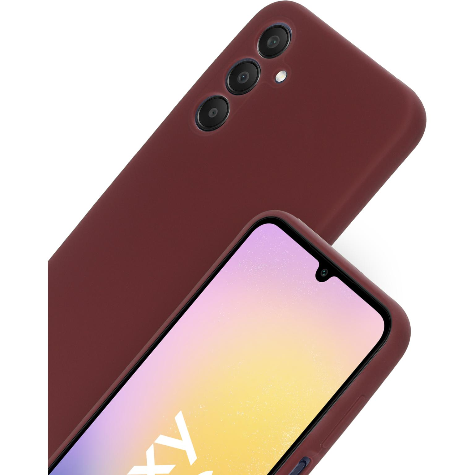 Bordeaux telefoonhoes bovenop een andere, toont telefoonscherm met camera aan de voorkant.