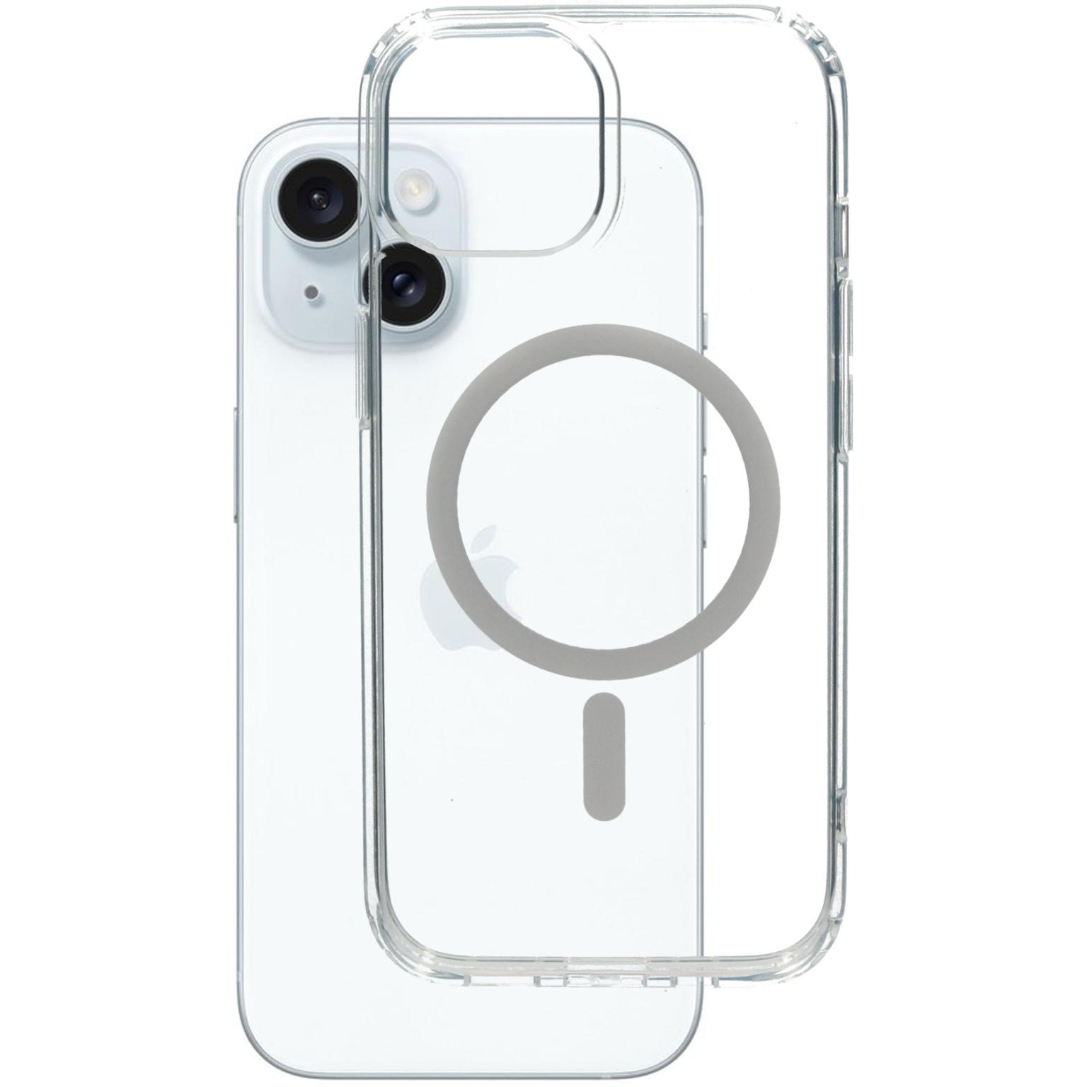 Transparante telefoonhoes met camera en cirkelontwerp, met een telefoon erachter.
