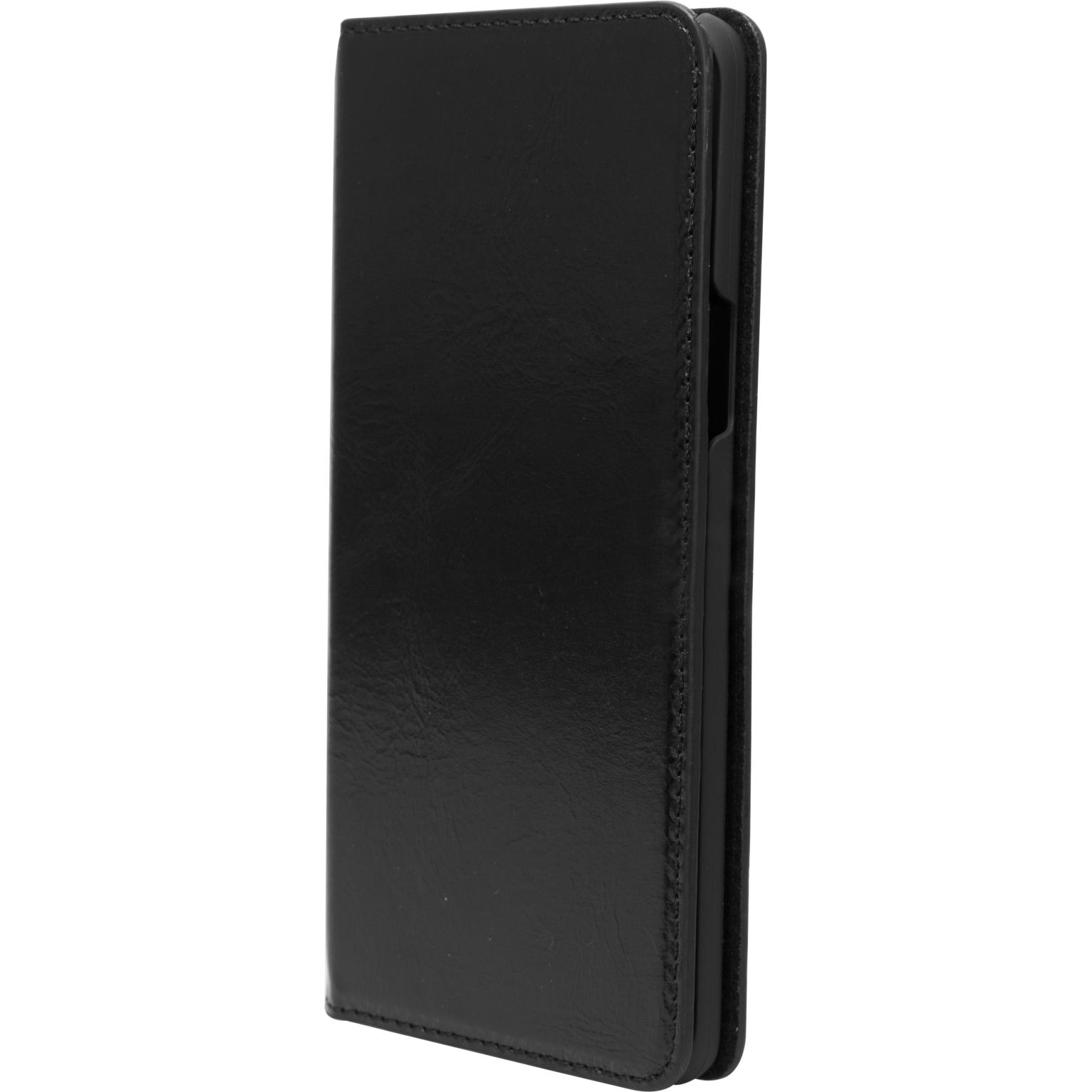 Een zwarte telefoonhoes, gesloten en schuin.