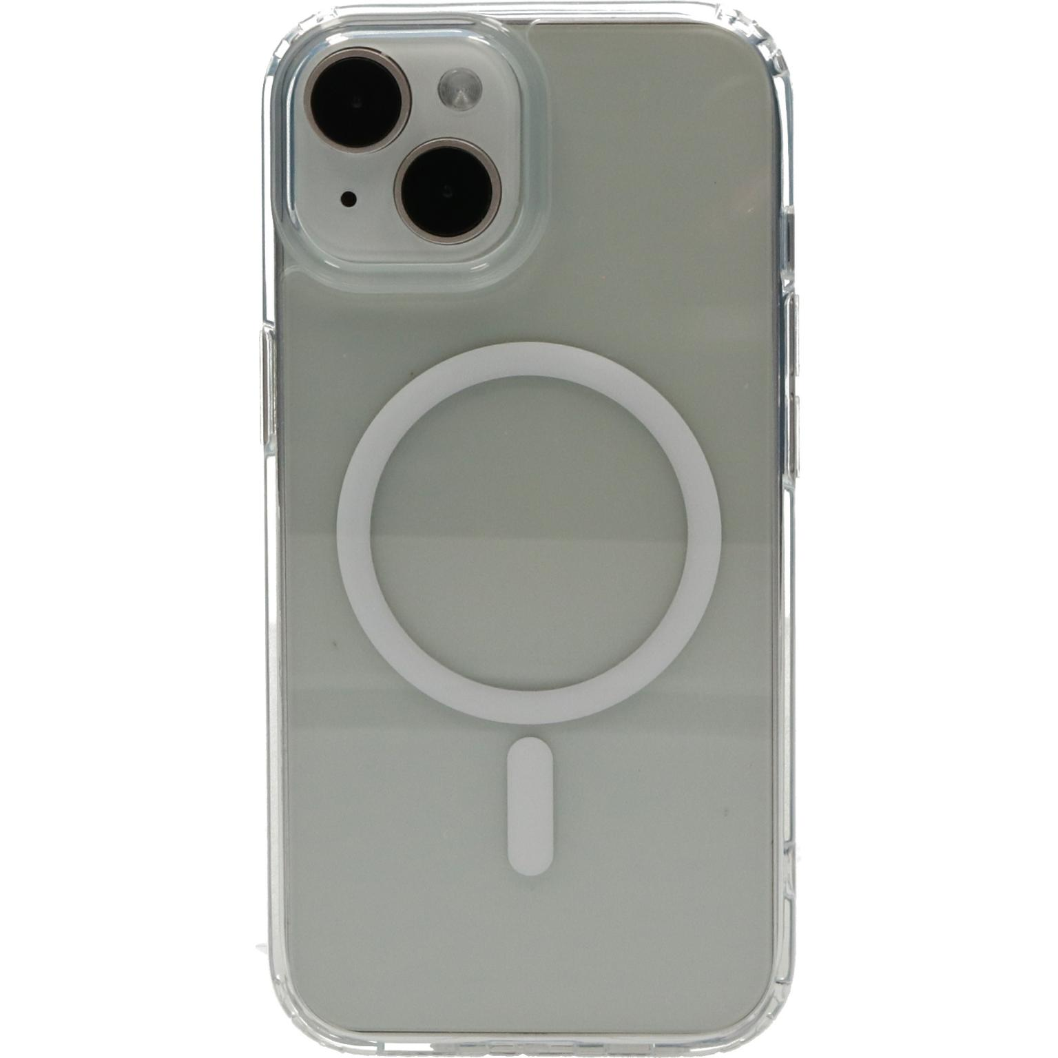 Transparante telefoonhoes op een telefoon. Achterkant omhoog. Witte cirkel en lijn zichtbaar.