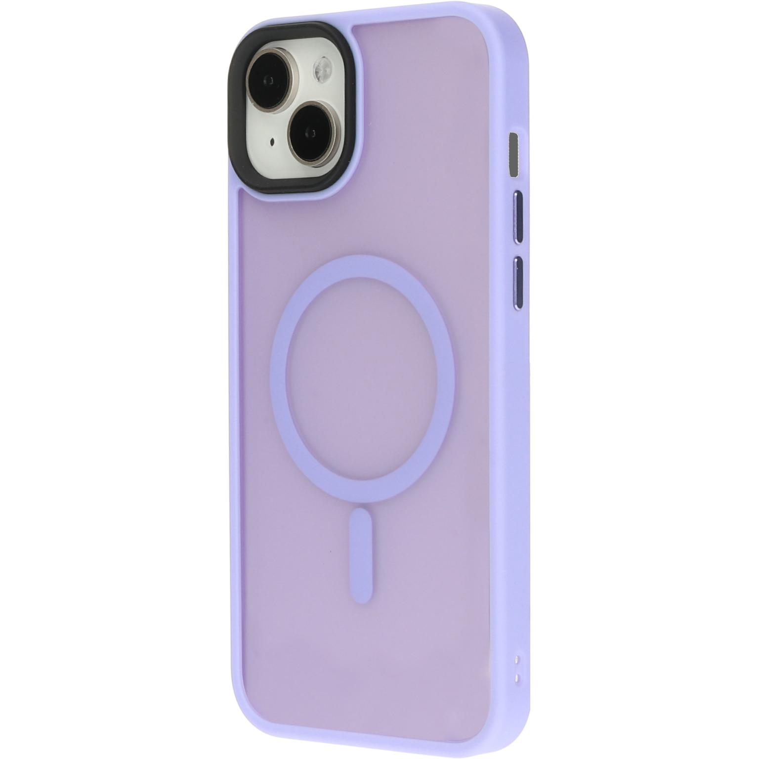 Paarse telefoonhoes met magnetische ring. Zwarte camera en knoppen.