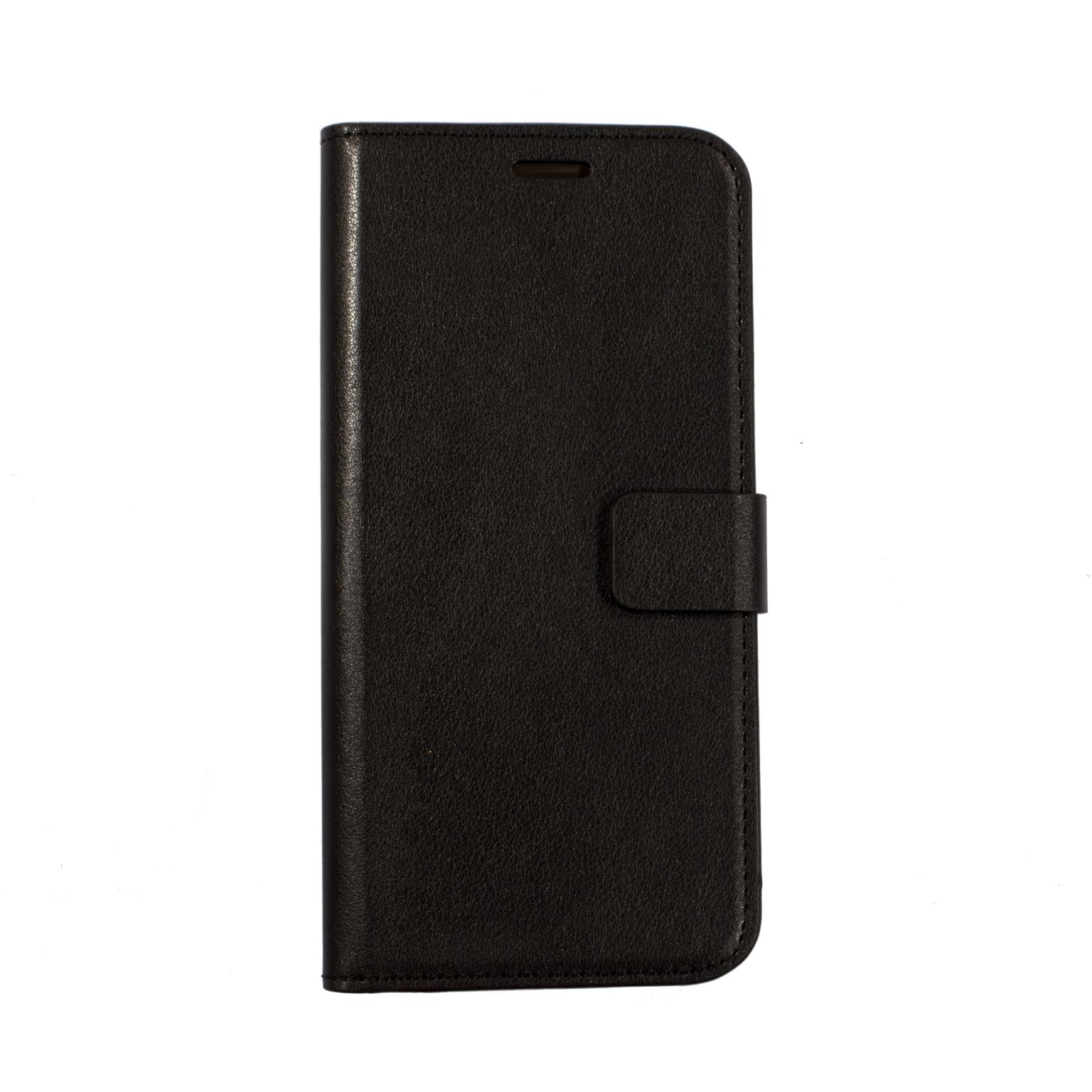 Zwarte telefoonhoes met magnetische flap, gesloten. Witte achtergrond.