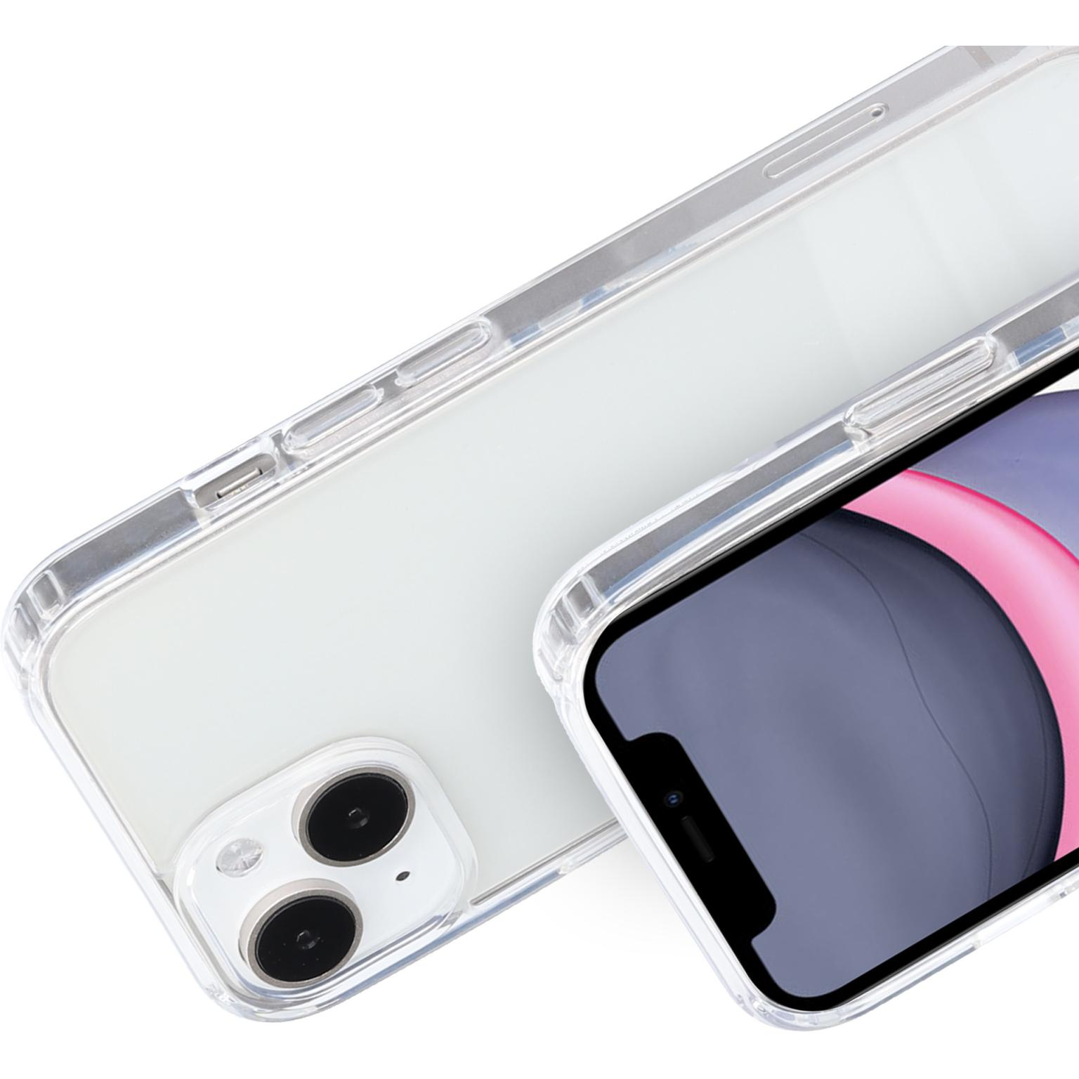 Transparante telefoonhoes. Twee transparante telefoonhoesjes, één met telefoon, schuine opname.