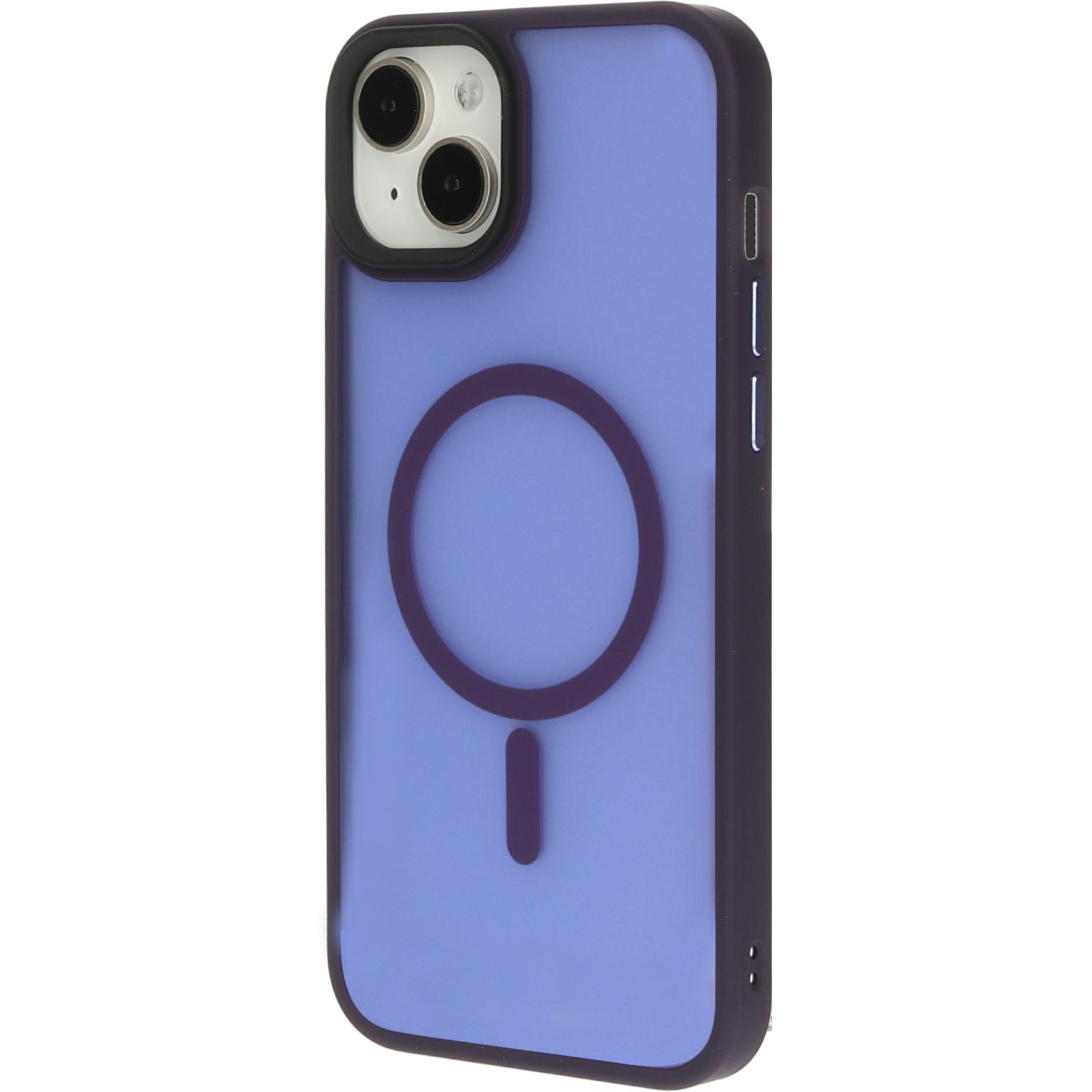 Paarse telefoonhoes met een zwarte rand en cirkelontwerp op een lichtblauwe achtergrond.