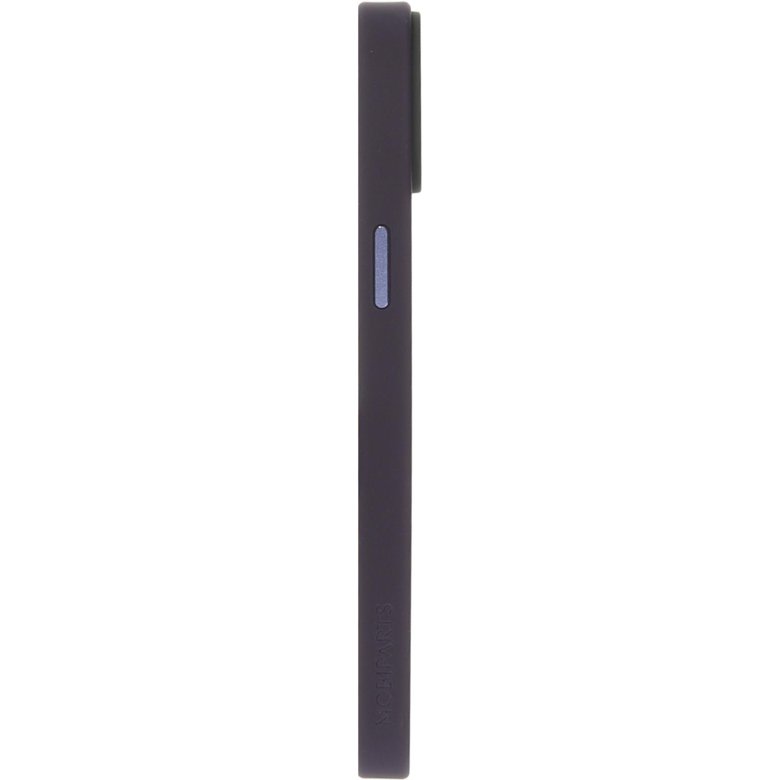 Donkerpaarse telefoonhoes, zijaanzicht, met een lichtblauwe knop. Witte achtergrond.
