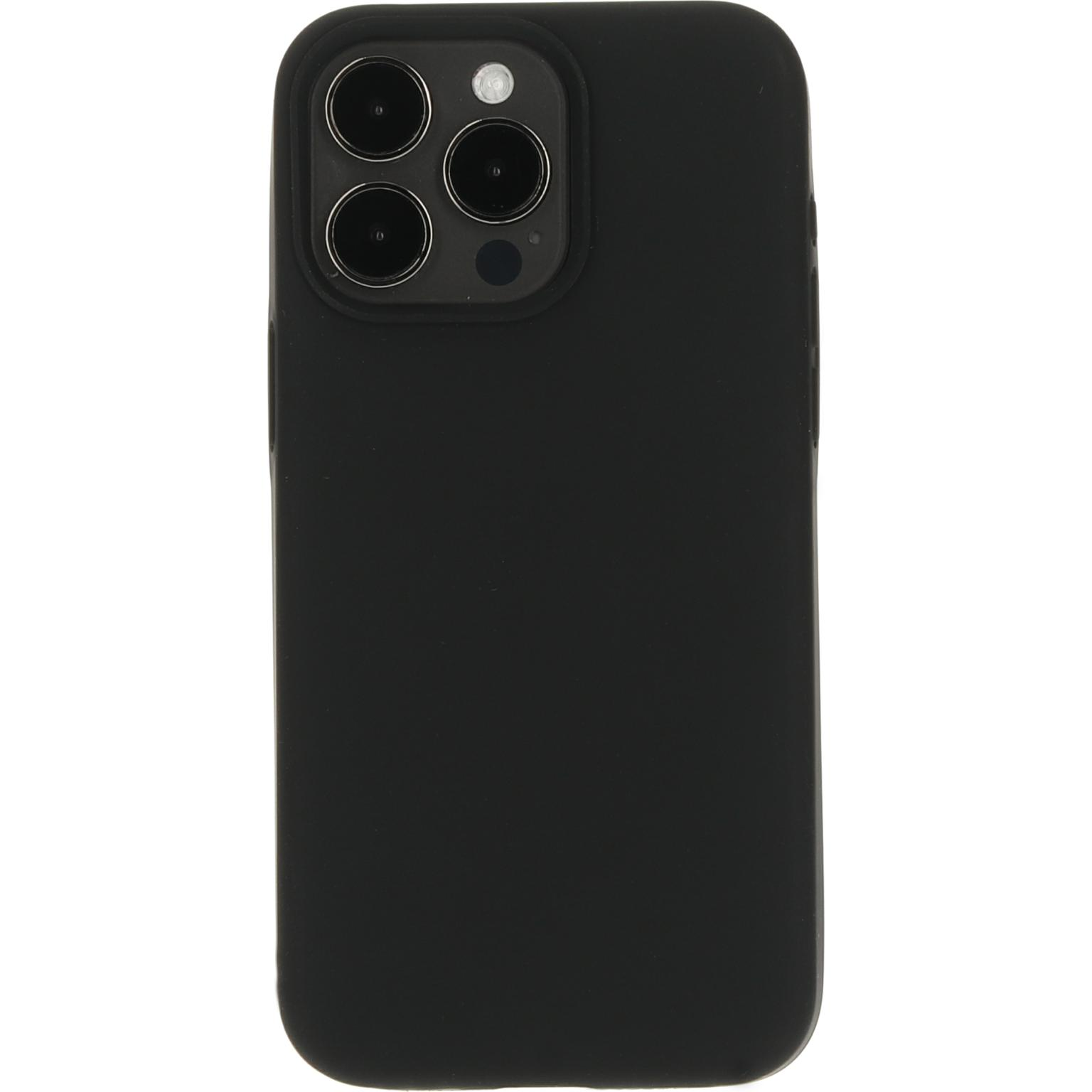 Zwarte telefoonhoes met een camera-uitsparing. De hoes is effen zwart.