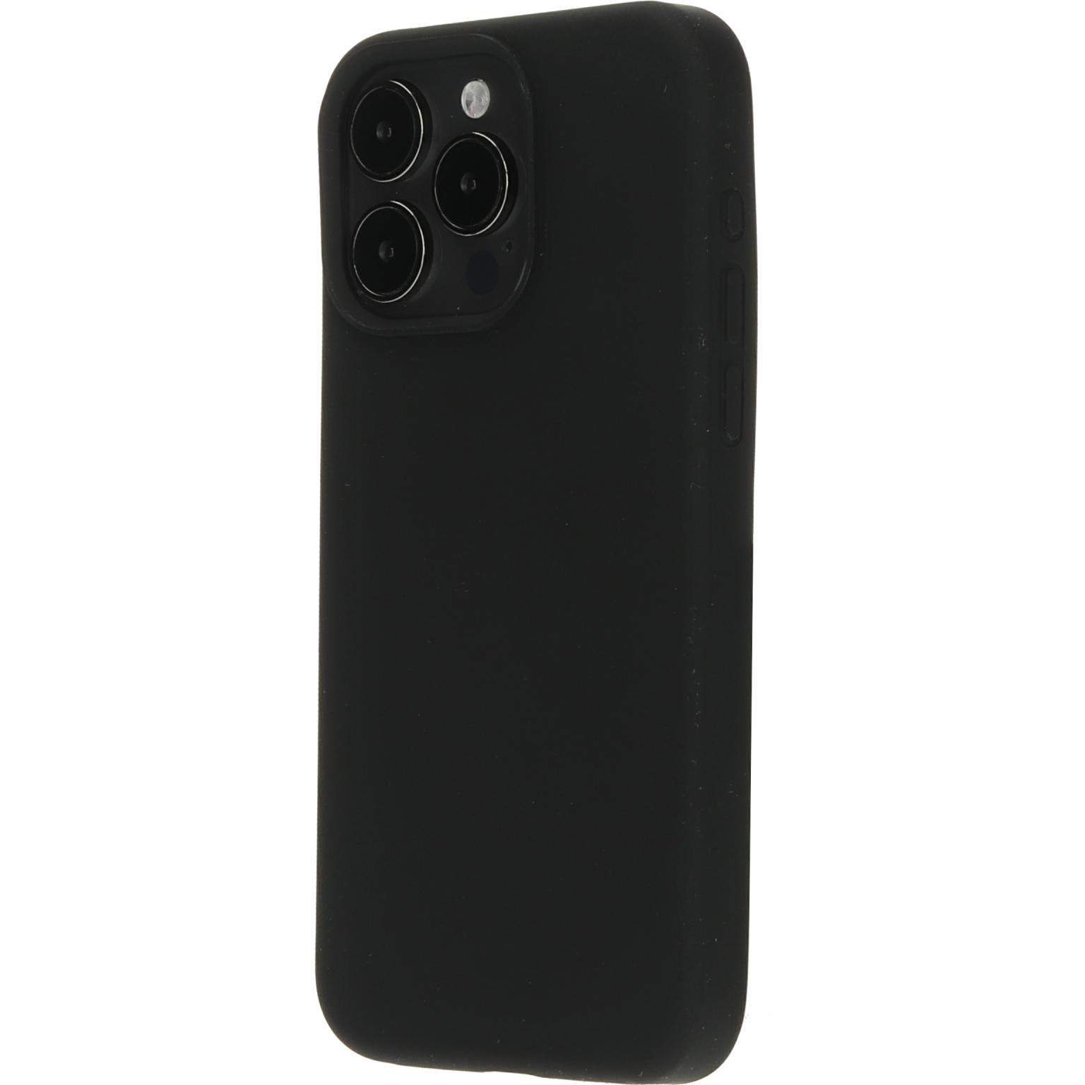 Zwarte telefoonhoes met drie cameralenzen. De hoes staat op een witte achtergrond en toont een zijaanzicht.