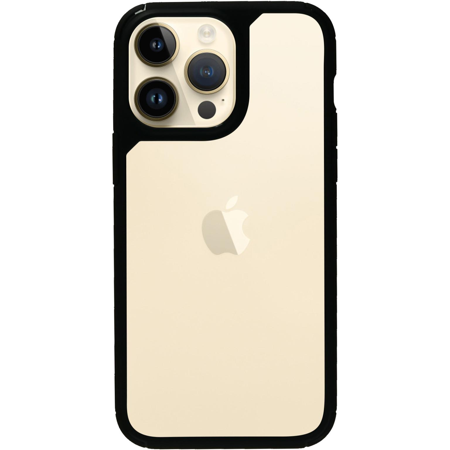 Een gouden telefoon met een zwarte hoes, achteraanzicht.