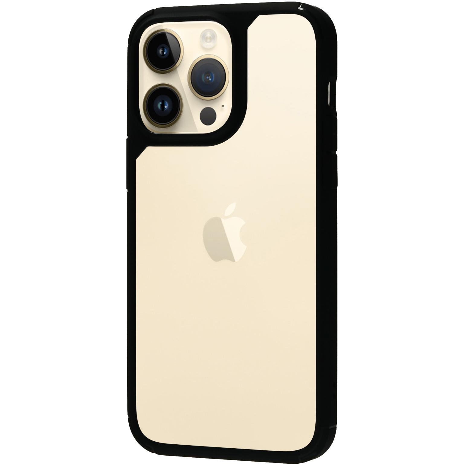 Telefoon met een zwarte en beige hoes, met camera-uitsparingen.