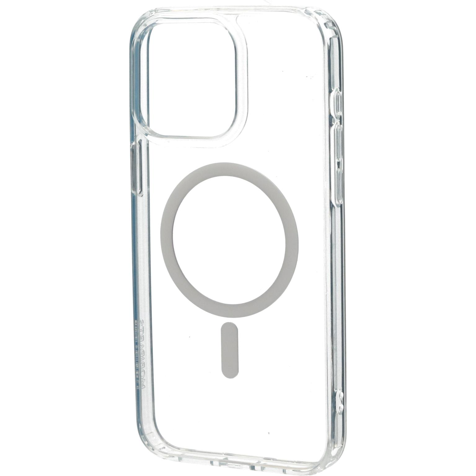 Een doorzichtige telefoonhoes met een grijze cirkelvormige magneet. De hoes is leeg en transparant.