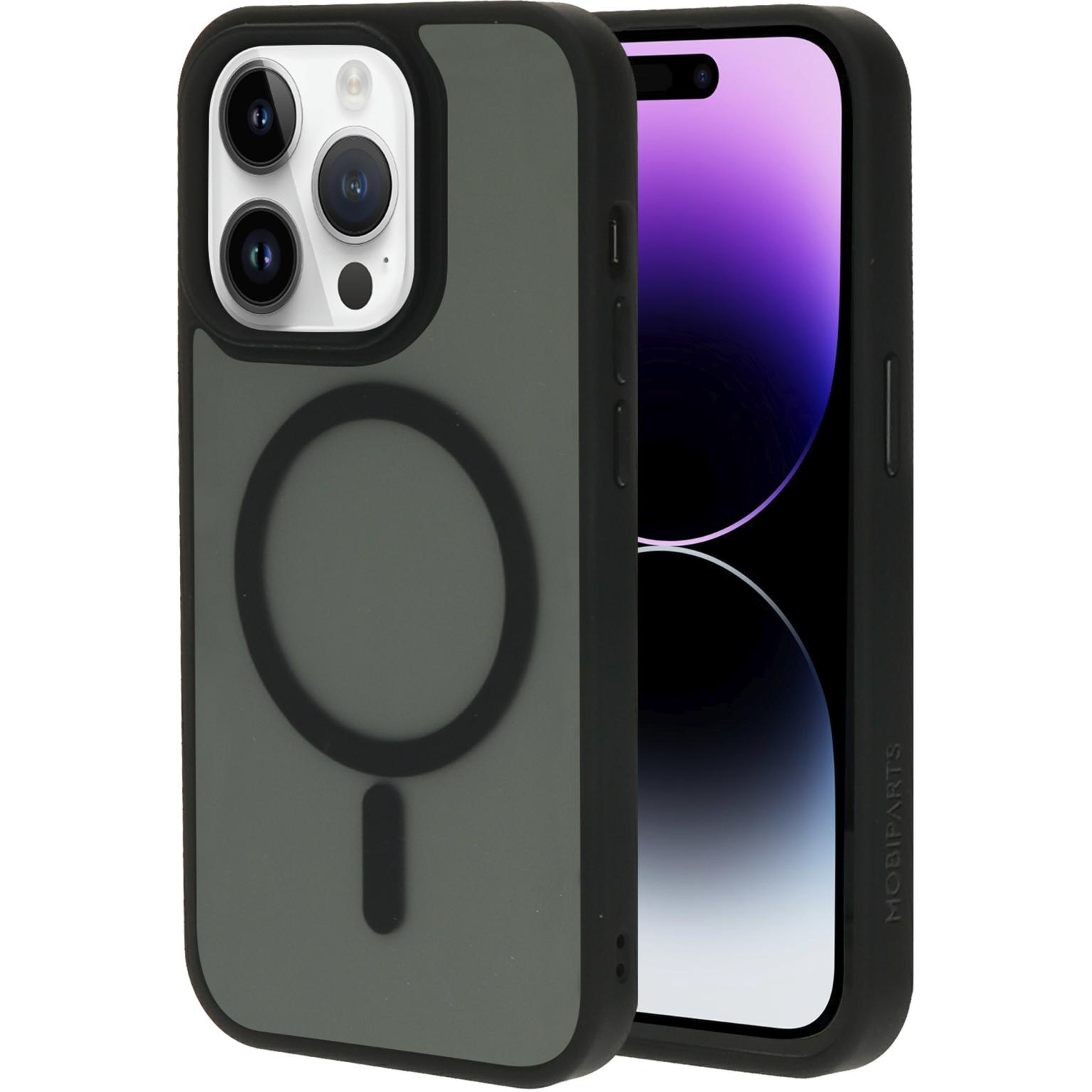 Zwarte en grijze telefoonhoes met een cirkelontwerp op een telefoonscherm.