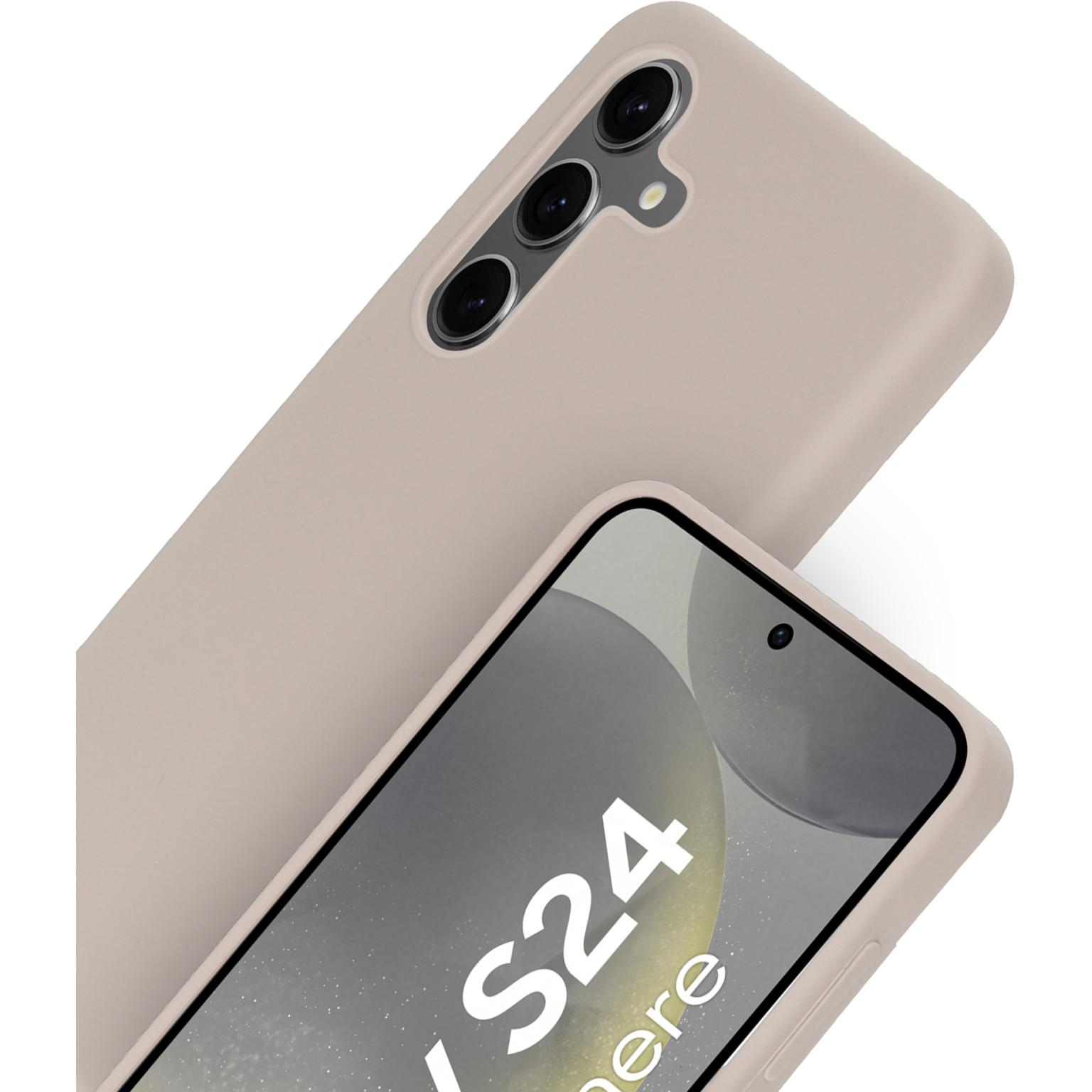 Beige telefoonhoes. Telefoon met camera en scherm met letters S24.