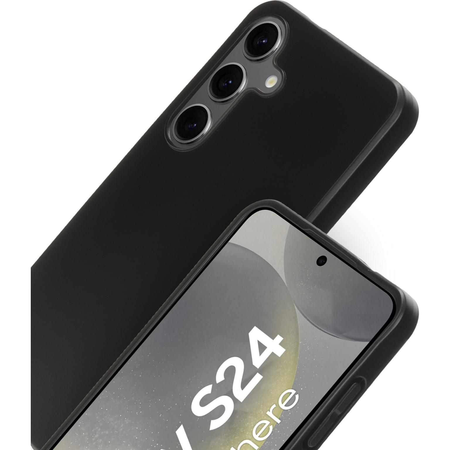 Zwarte telefoonhoes over een telefoon, witte achtergrond. Telefoonscherm met de woorden "S24 here".
