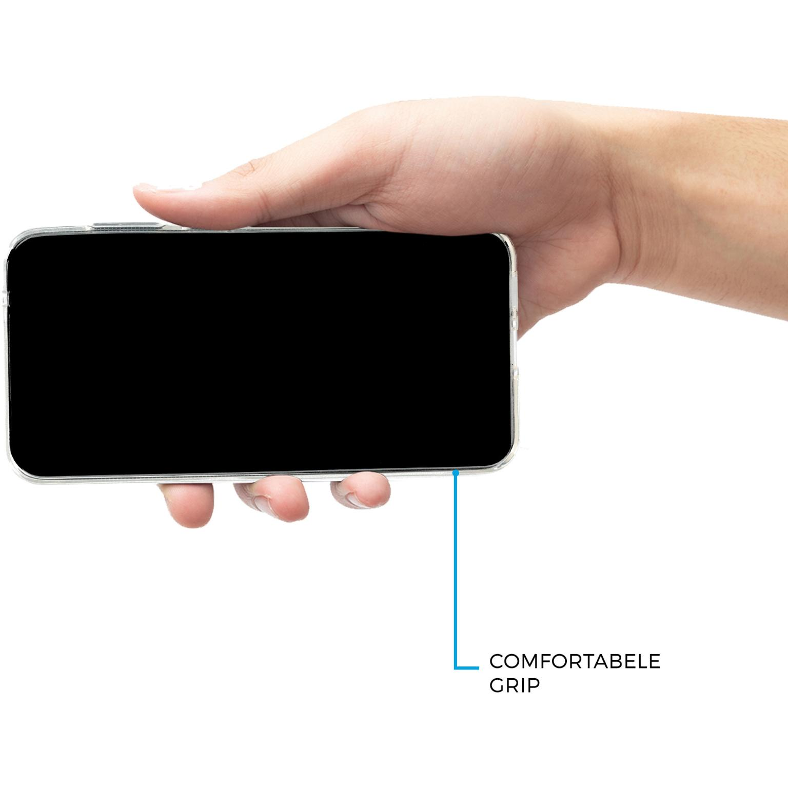 Een hand houdt een telefoon met een zwart scherm vast. Een blauwe lijn wijst naar “Comfortable Grip”. Witte achtergrond.