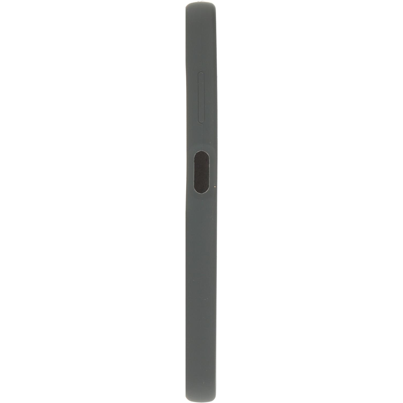 Grijze telefoonhoes, zijaanzicht, met een knop en een gat voor een schakelaar.