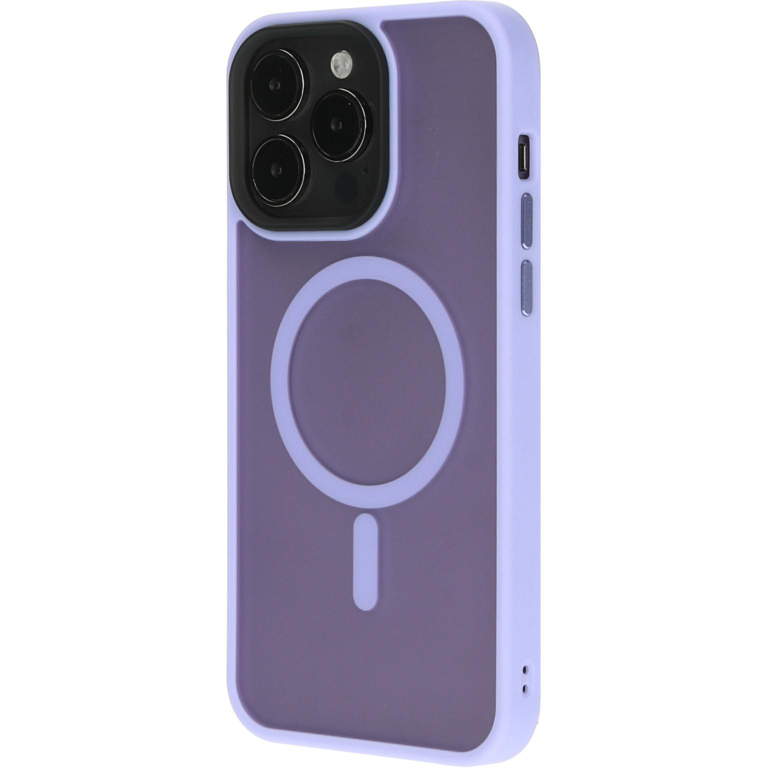 Paarse telefoonhoes met magnetische ring. Zwarte camera en knoppen aan de zijkant.