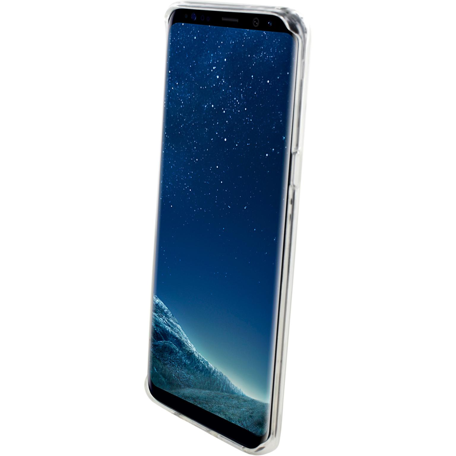 Transparante telefoonhoes op een telefoon. Telefoon toont een blauw-witte abstracte achtergrond. Schuine opname.