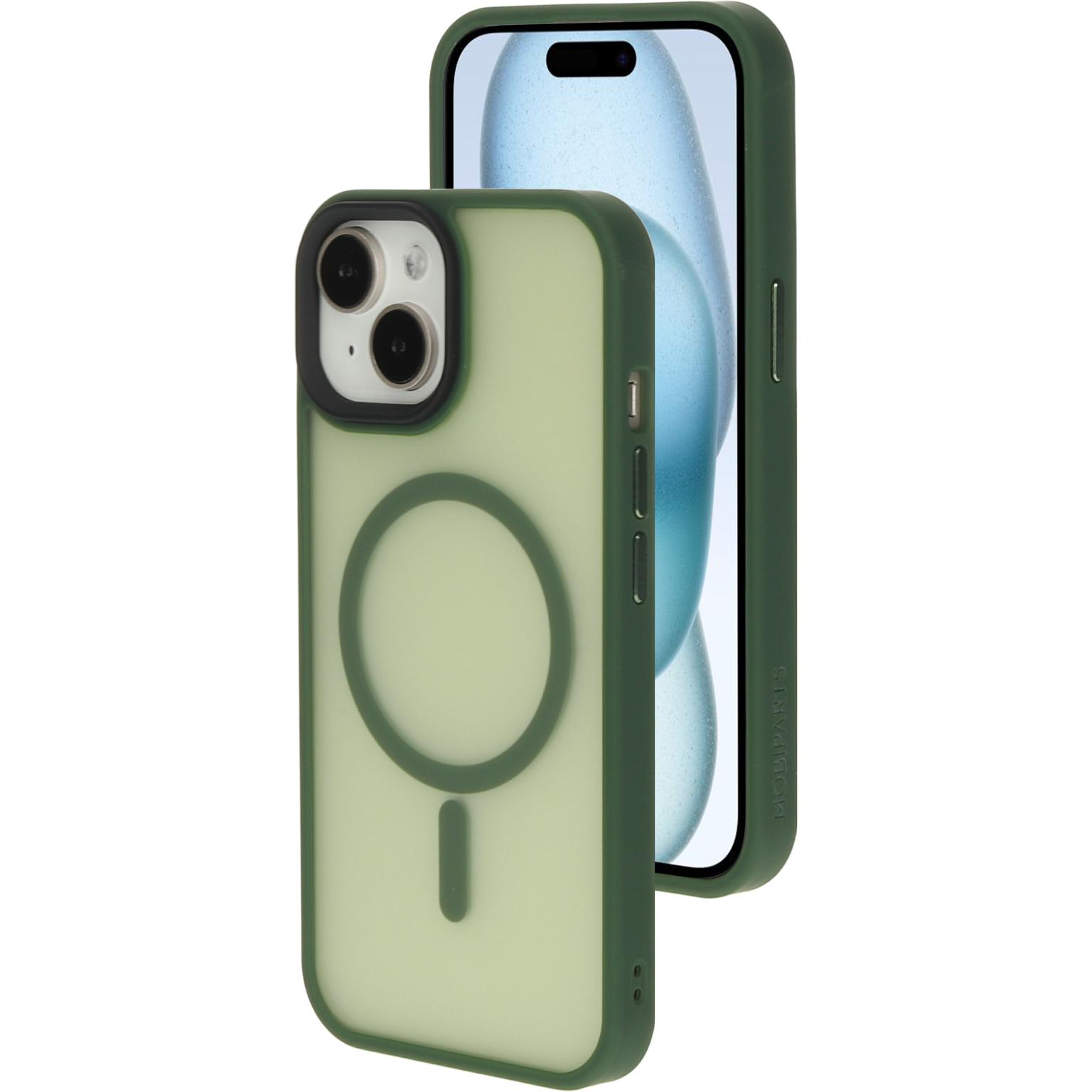 Groene telefoonhoes en telefoon. Hoes heeft magnetische ring. Telefoon heeft drie camera's.