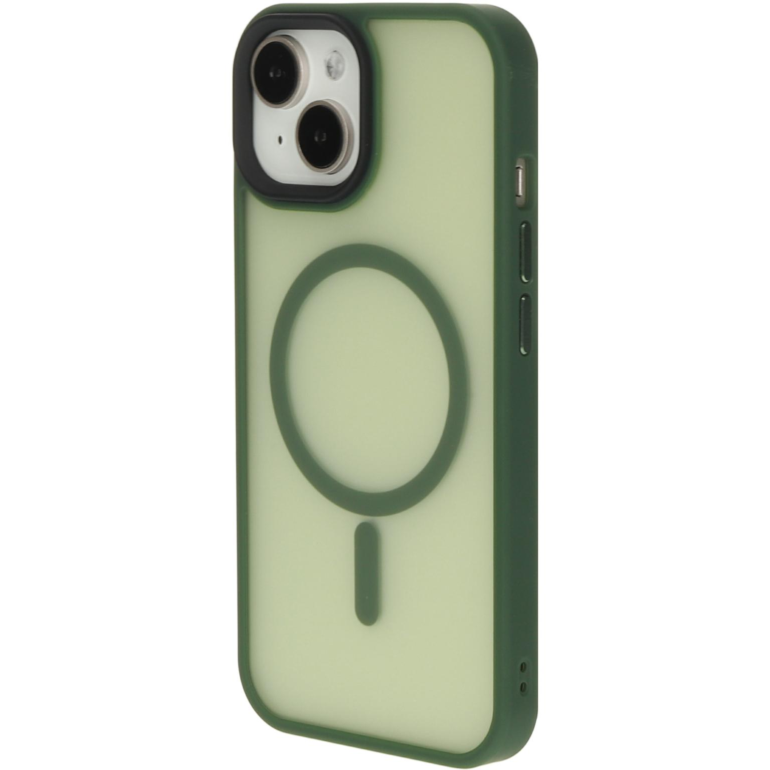 Olijfgroene telefoonhoes, transparante achterkant met cirkel.