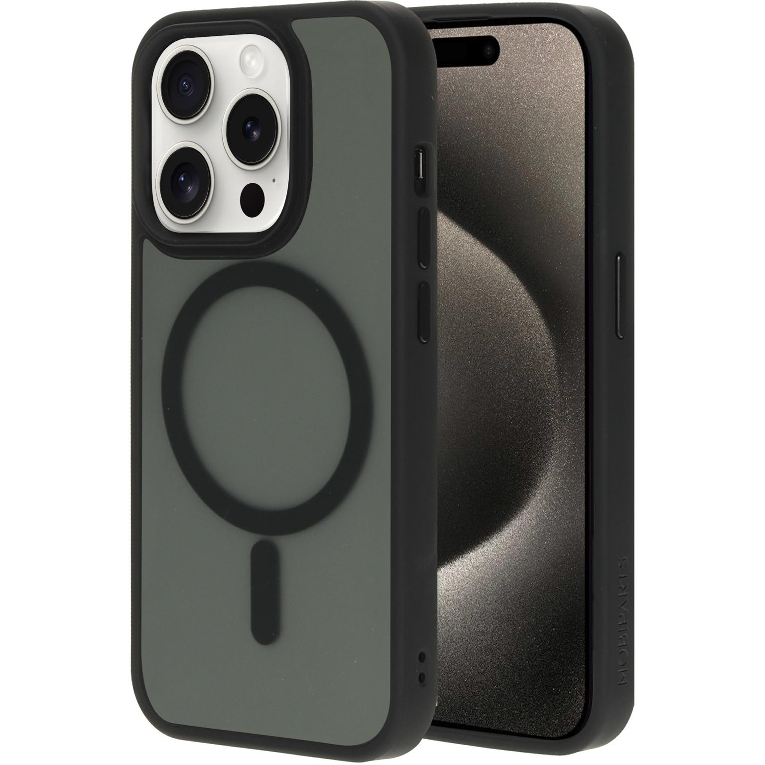 Zwarte telefoonhoes met zwarte ring en witte ring. Zwarte telefoon ernaast. Schuine opname.