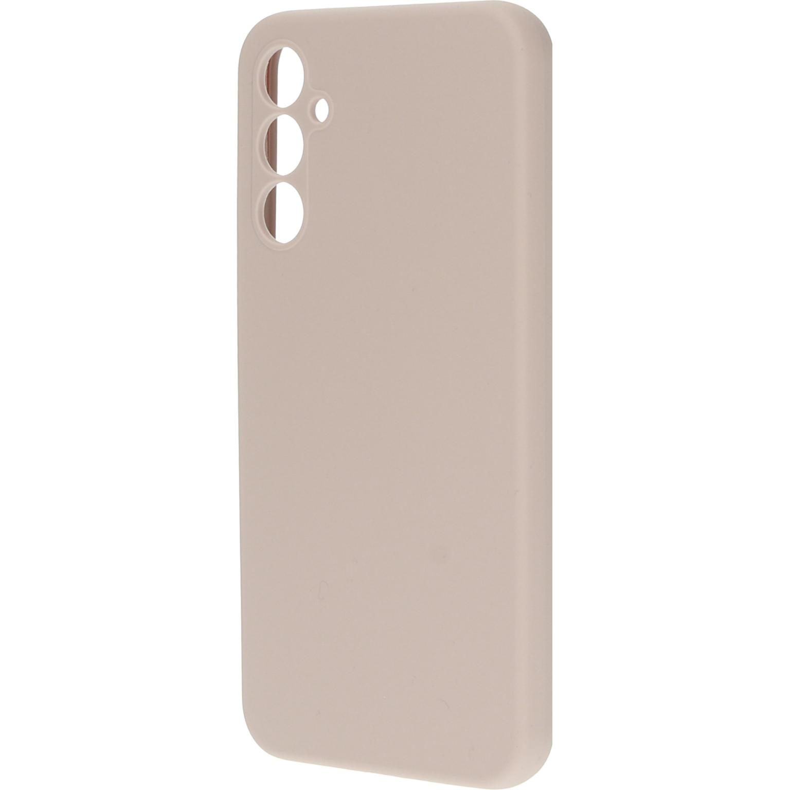 Een roze telefoonhoesje met gaten voor de camera's. De hoes staat op een witte achtergrond.