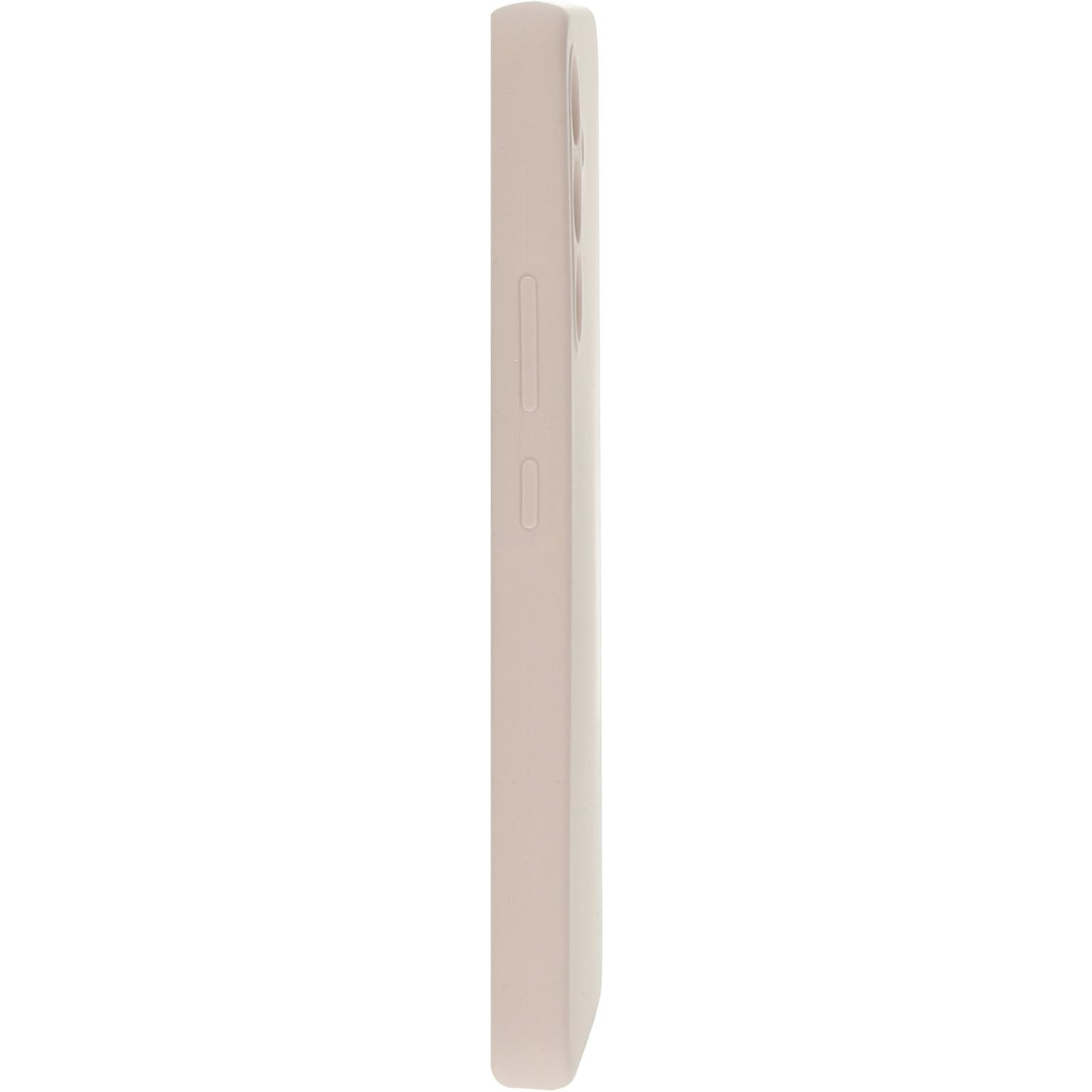 Een lichtroze telefoonhoesje, met een zijaanzicht dat de knoppen toont.