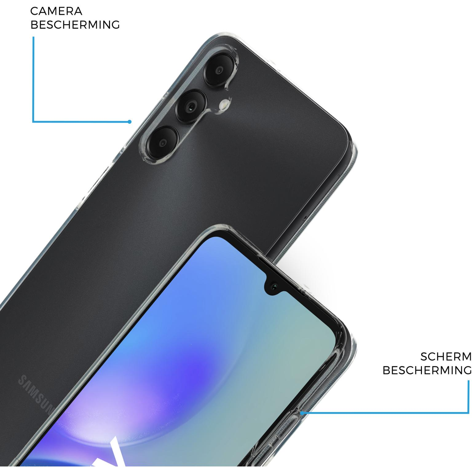 Twee telefoons met hoesjes. Beide zijn zwart, één is transparant. De hoesjes zijn gelabeld voor camera en scherm.