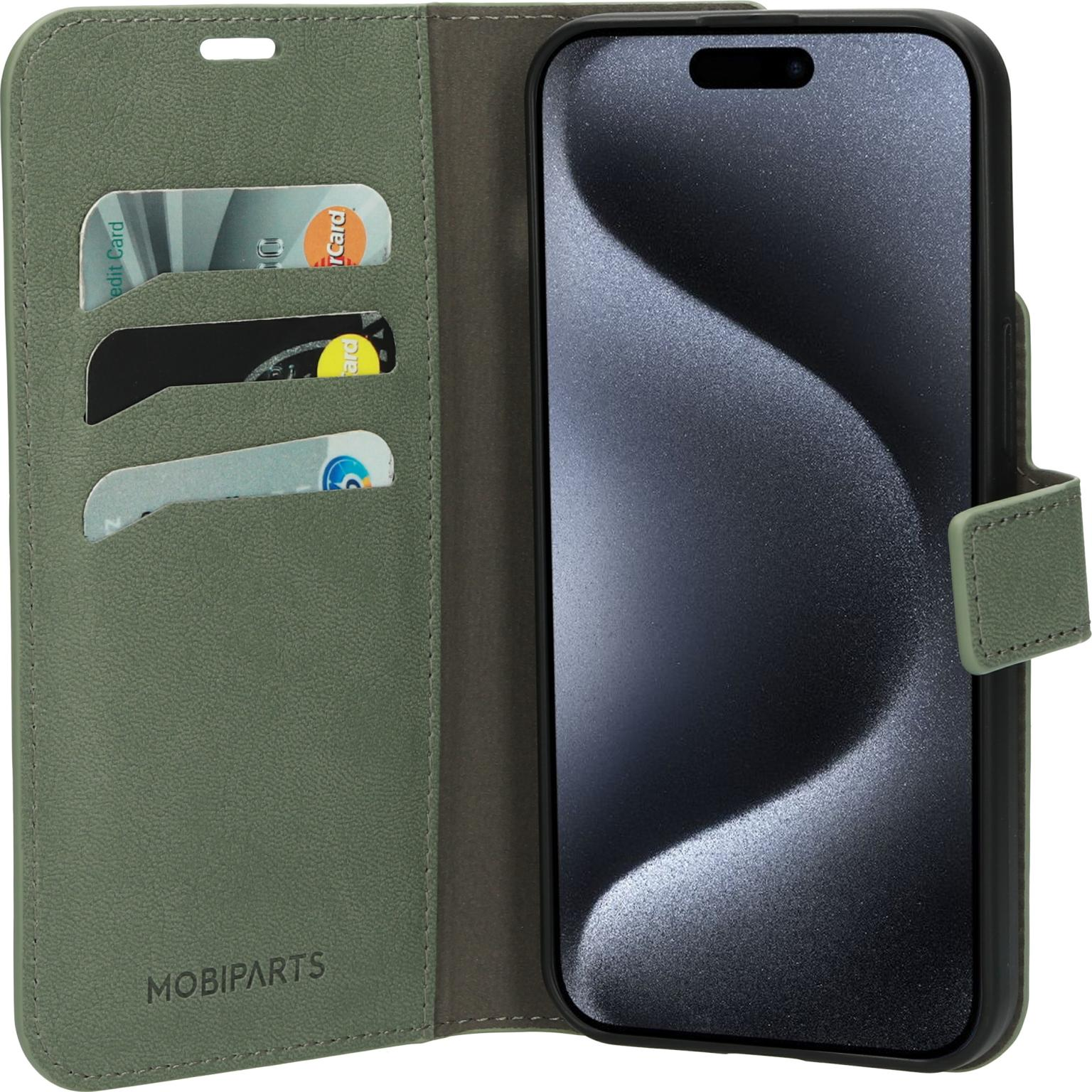 Groene telefoonhoes in portemonnee-stijl, open, kaartsleuven zichtbaar, telefoon binnenin. Witte achtergrond. MOBIPARTS-logo.