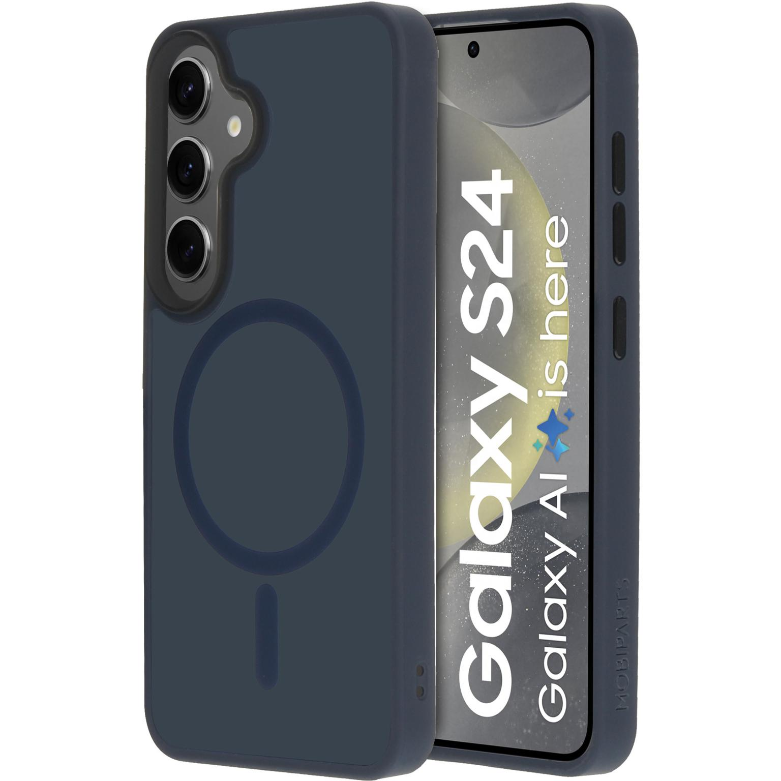 Blauwe telefoonhoes met telefoon. 'Galaxy S24' tekst zichtbaar.