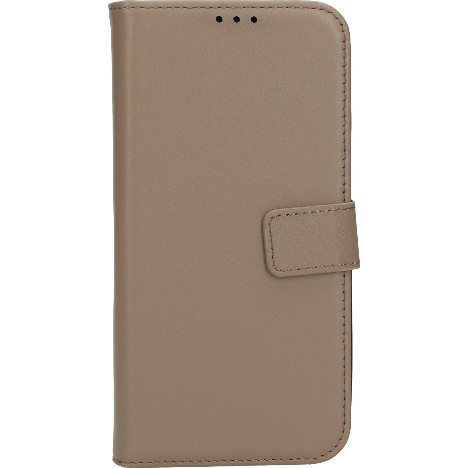 Tan-gekleurde telefoonhoes met een sluiting.