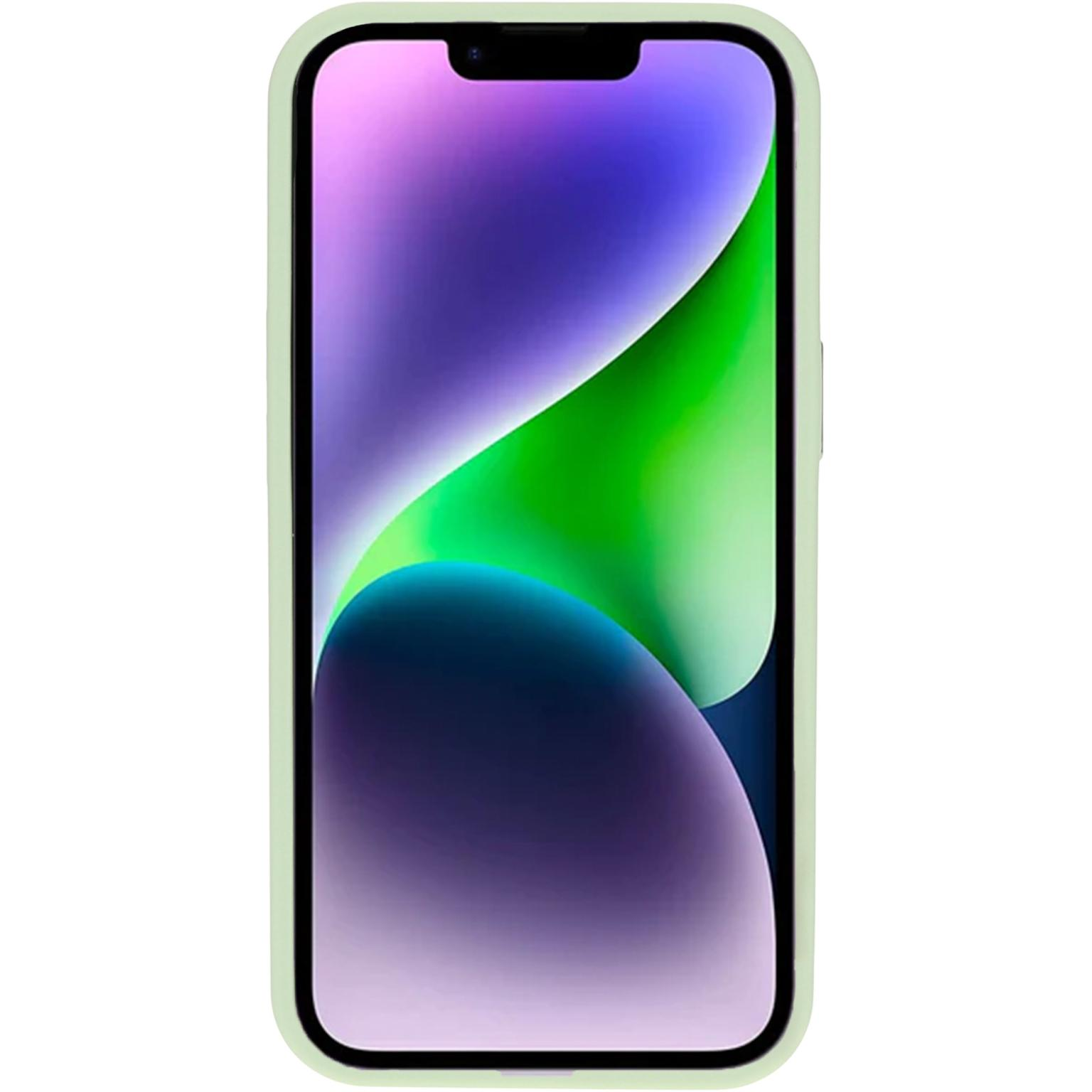 Een telefoon in een groene hoes met een scherm dat een paarse en groene gradient weergeeft, en een zwarte inkeping.