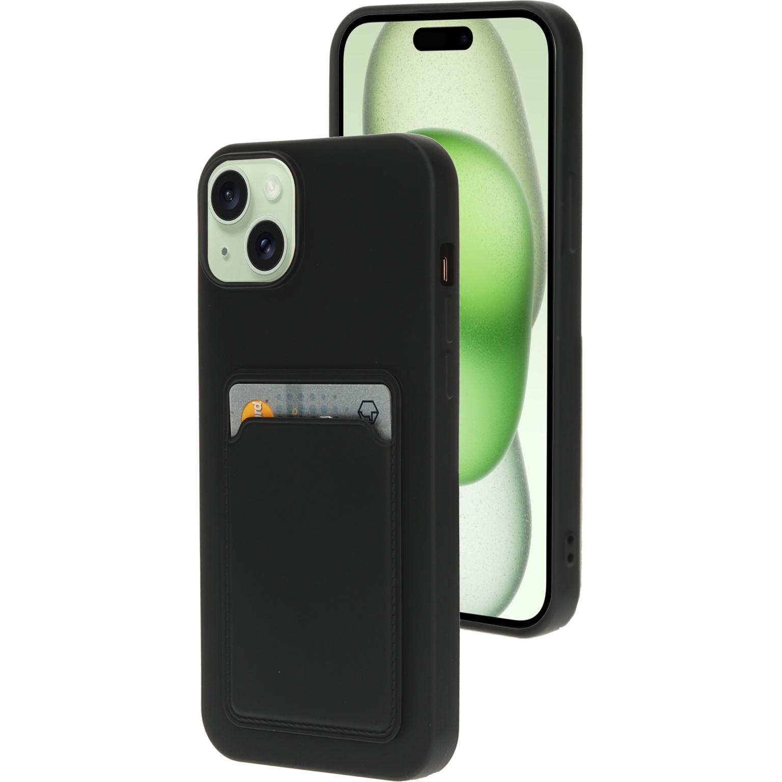 Zwarte telefoon met hoesje met kaartsleuf. Een andere telefoon erachter.