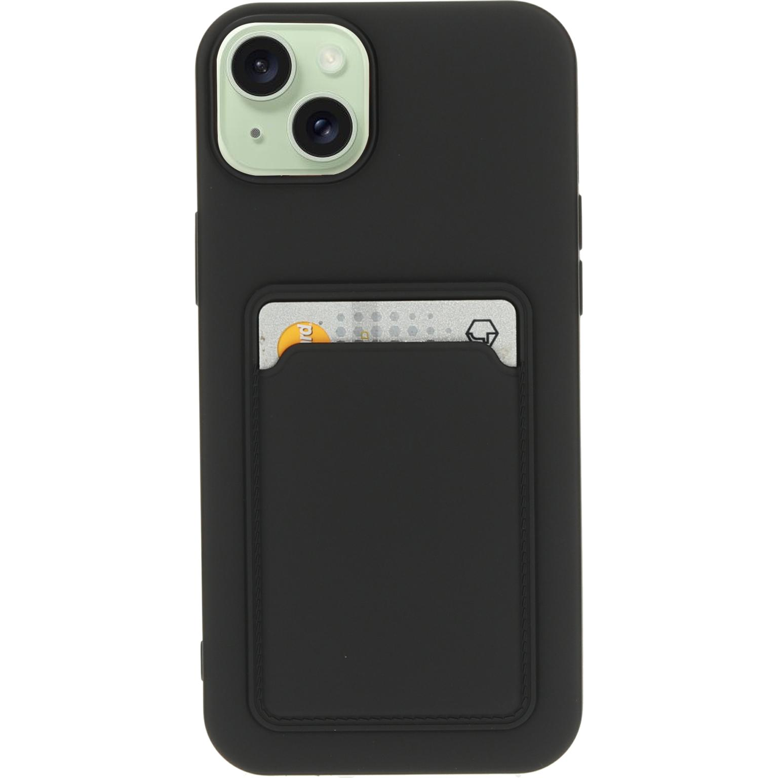 Zwarte telefoonhoes met een kaartsleuf. De hoes ligt op een wit oppervlak. De telefoon heeft een camera.