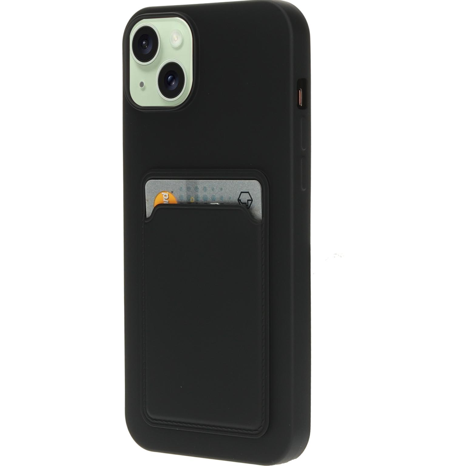 Zwarte telefoonhoes met een kaartsleuf en een kaart. De telefoonhoes zit op een zwarte telefoon.