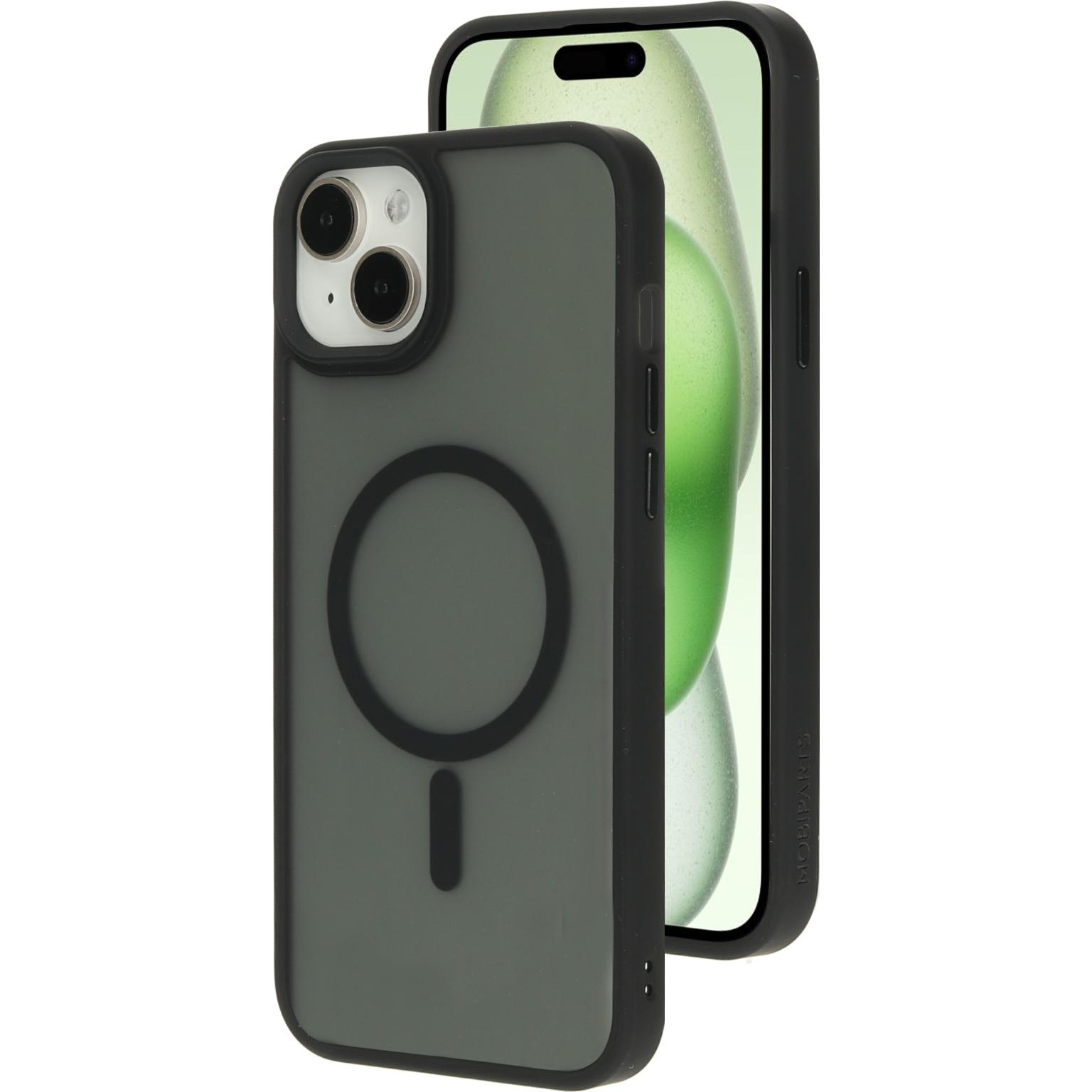 A black phone case with a phone, with a circle design.
