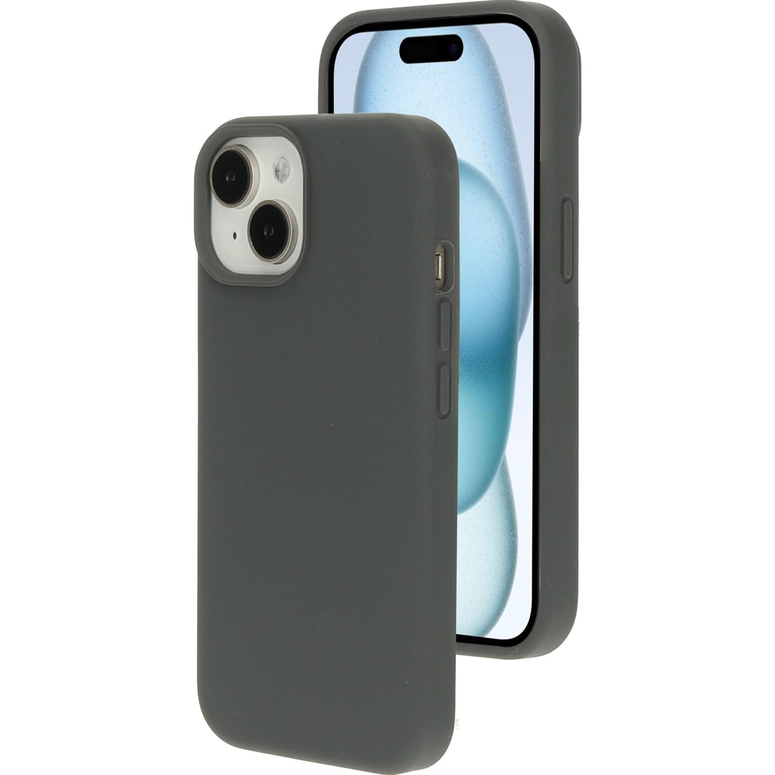 Grijze telefoonhoes op een telefoon, die de achterkant en het scherm laat zien.