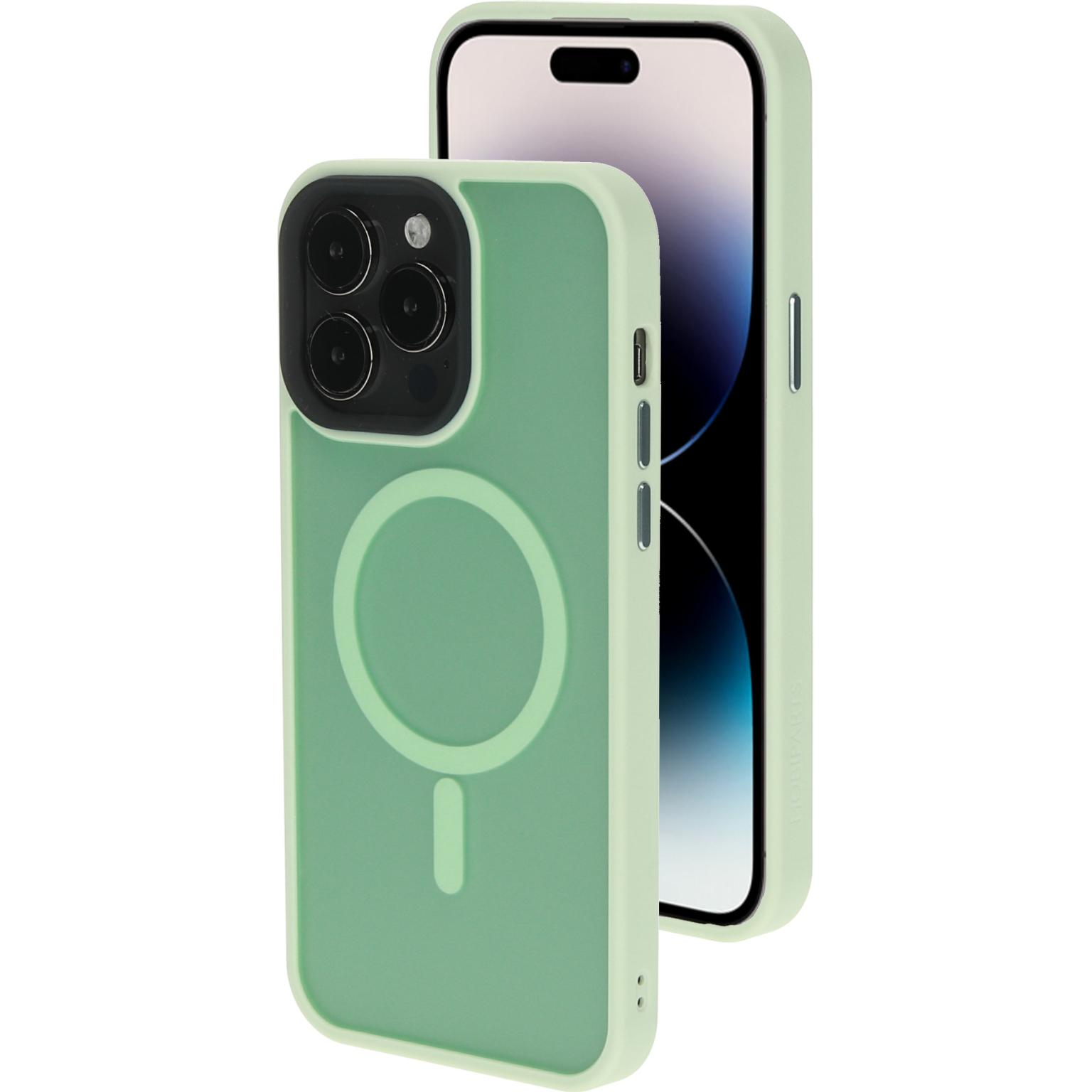 Twee telefoons, één in een groen hoesje met een witte cirkel, en een tweede telefoon met het scherm zichtbaar.