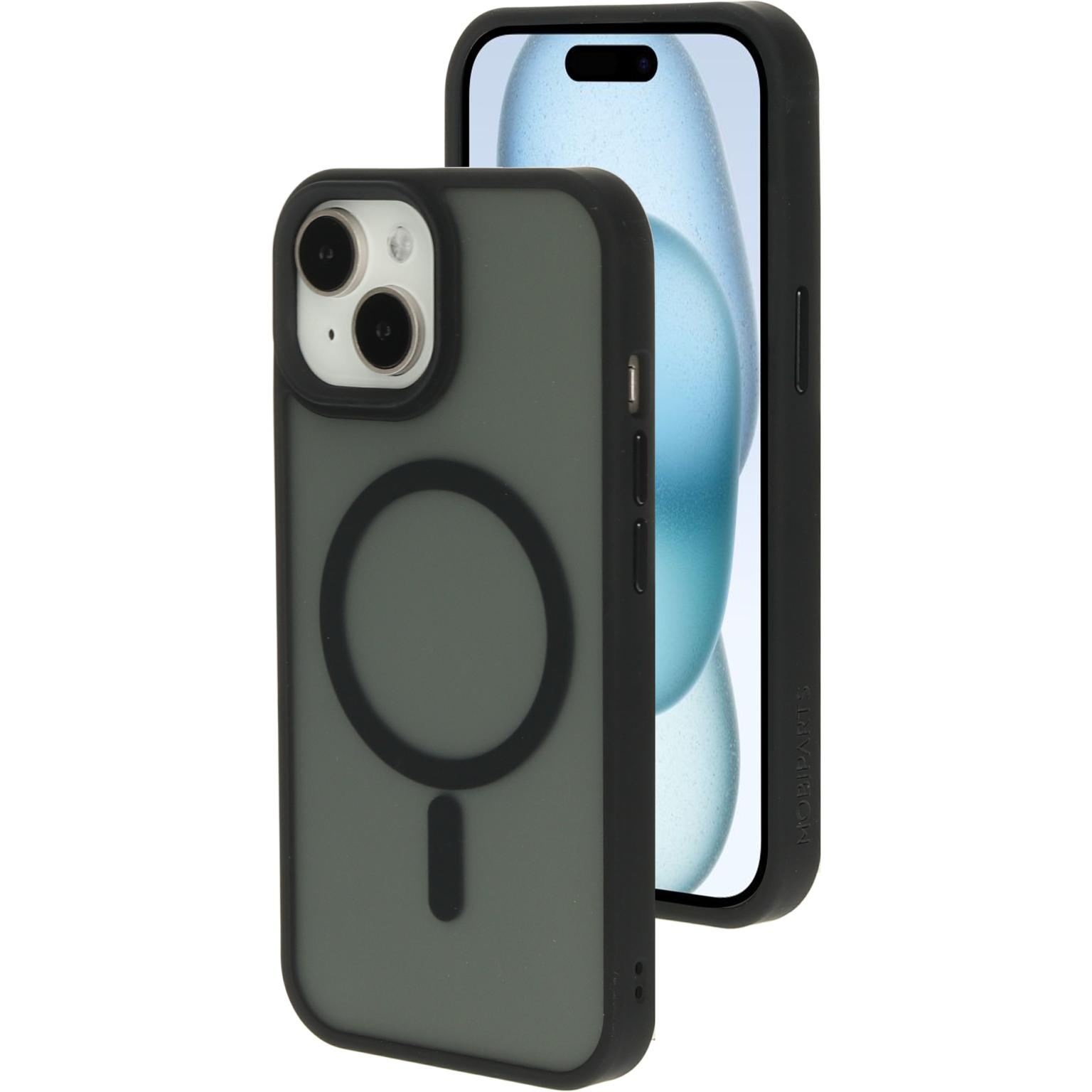 Zwarte telefoonhoes. De achterkant is zwart en transparant. De telefoon zit erin.