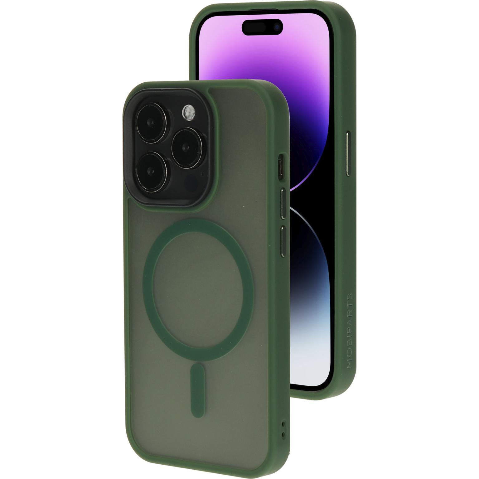 Groene telefoonhoes en telefoon. Hoes heeft magnetische ring. Telefoon heeft drie camera's.