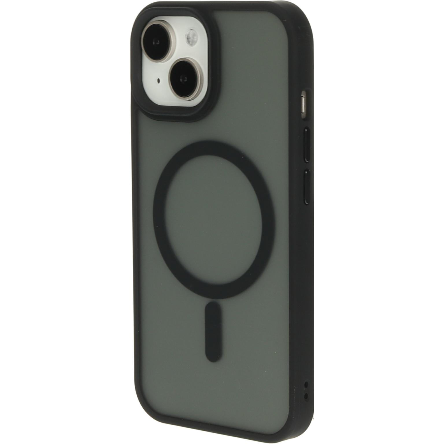 Telefoonhoes met zwarte rand. Achterkant omhoog. Zwarte cirkel in het midden.