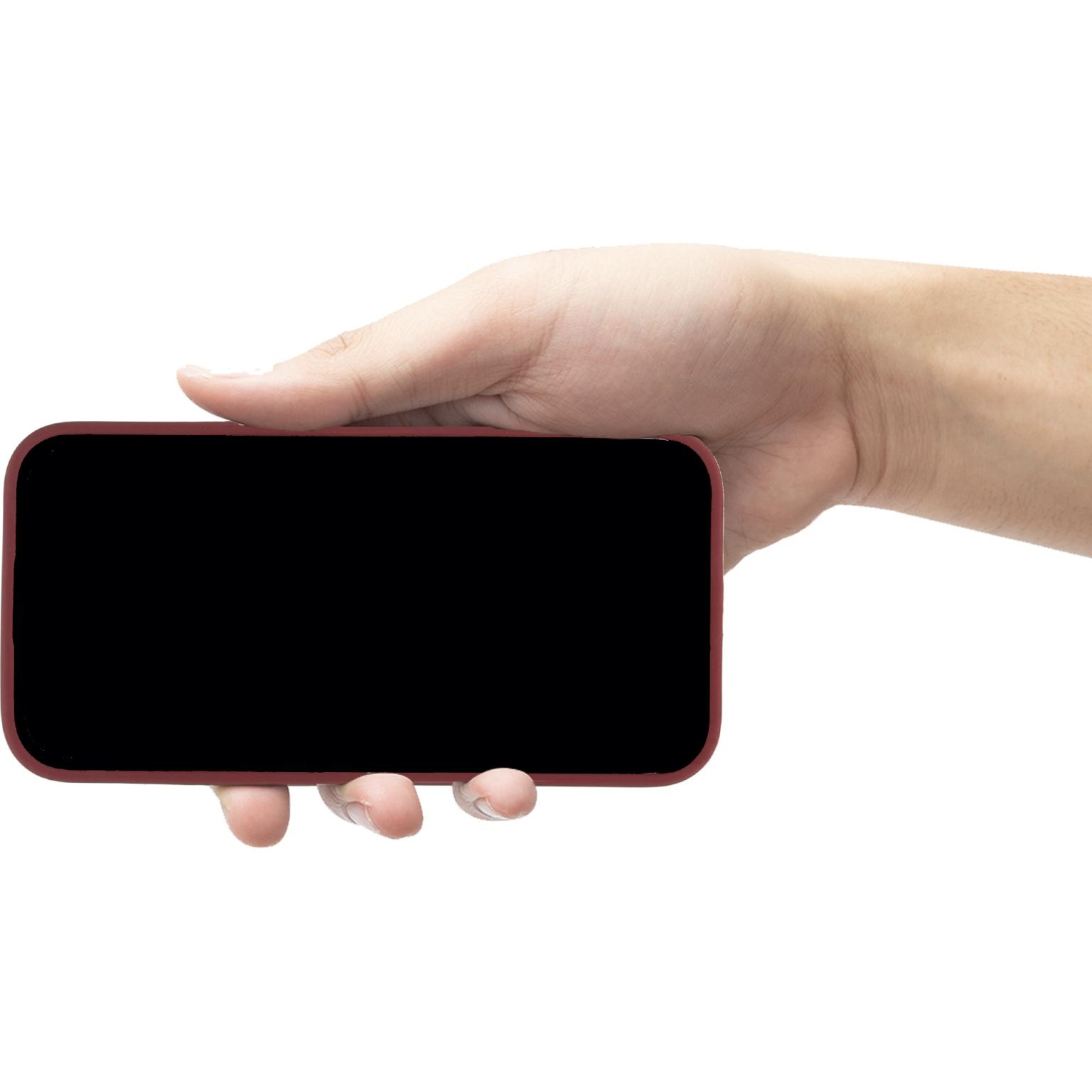 Een hand houdt een telefoon met een zwart scherm vast. De telefoon heeft een bordeauxrode rand.