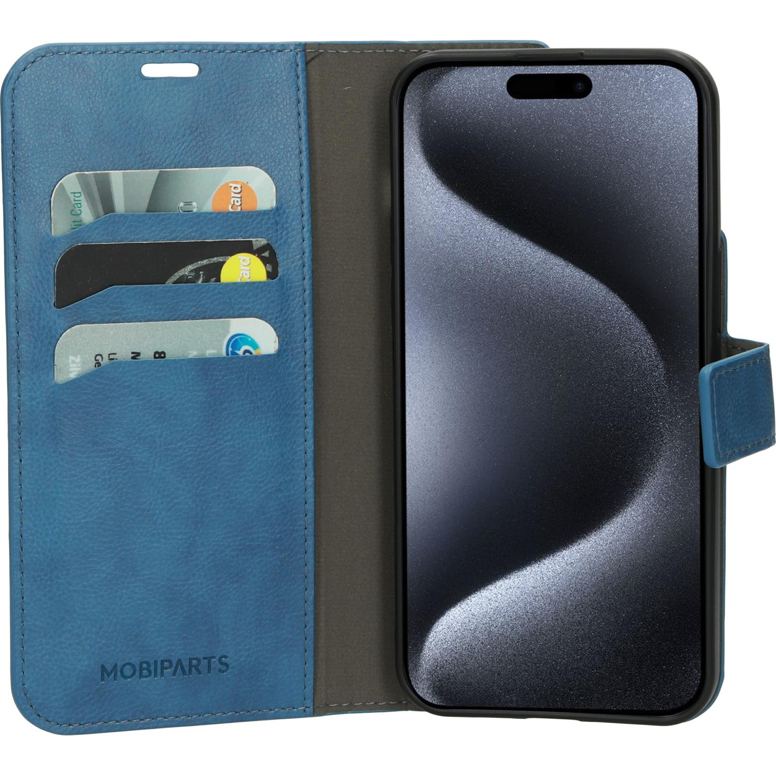 Blauwe telefoonhoes, open, met telefoon en kaartsleuven. Drie kaarten zichtbaar.