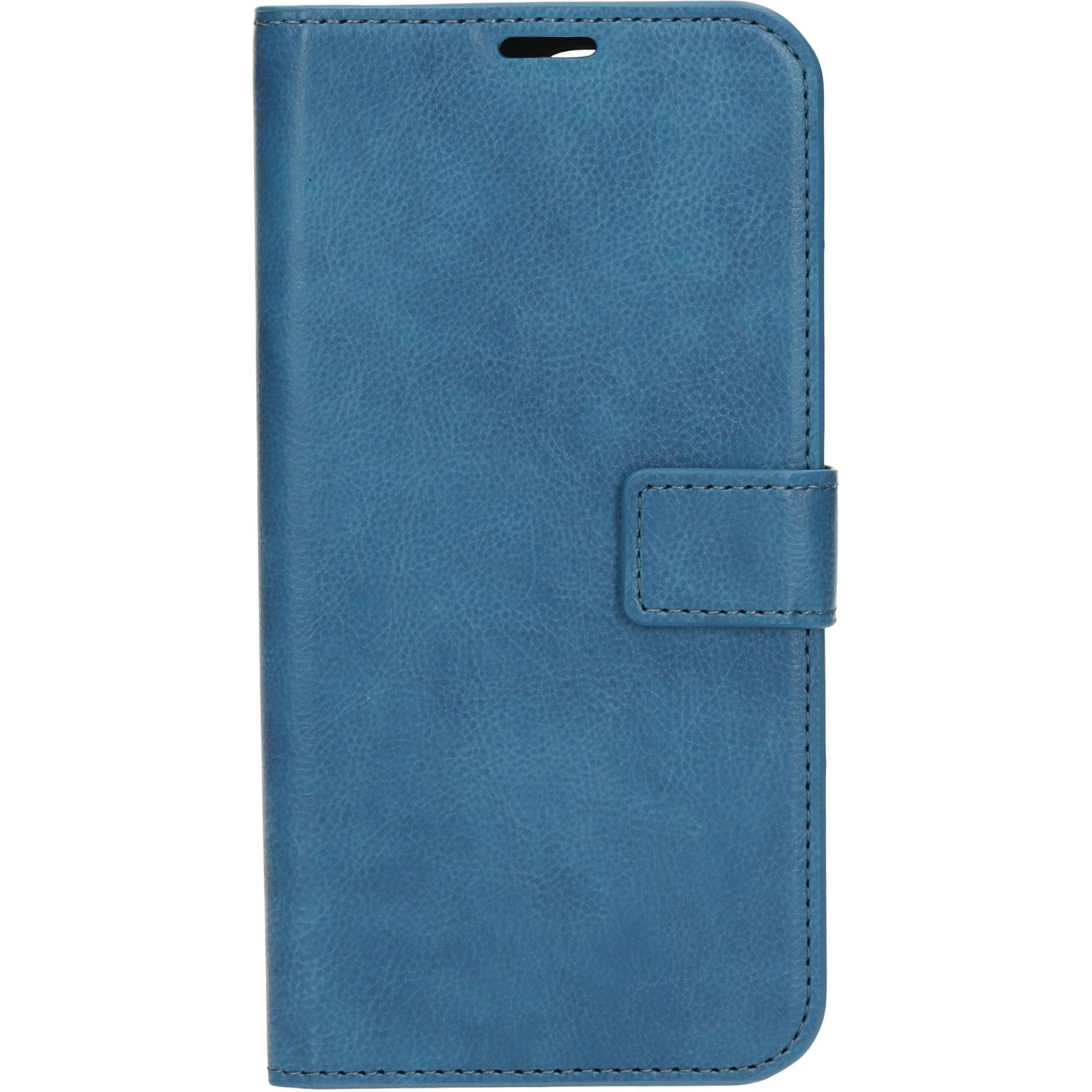 Blauwe leren telefoonportemonnee, gesloten, met een flap.
