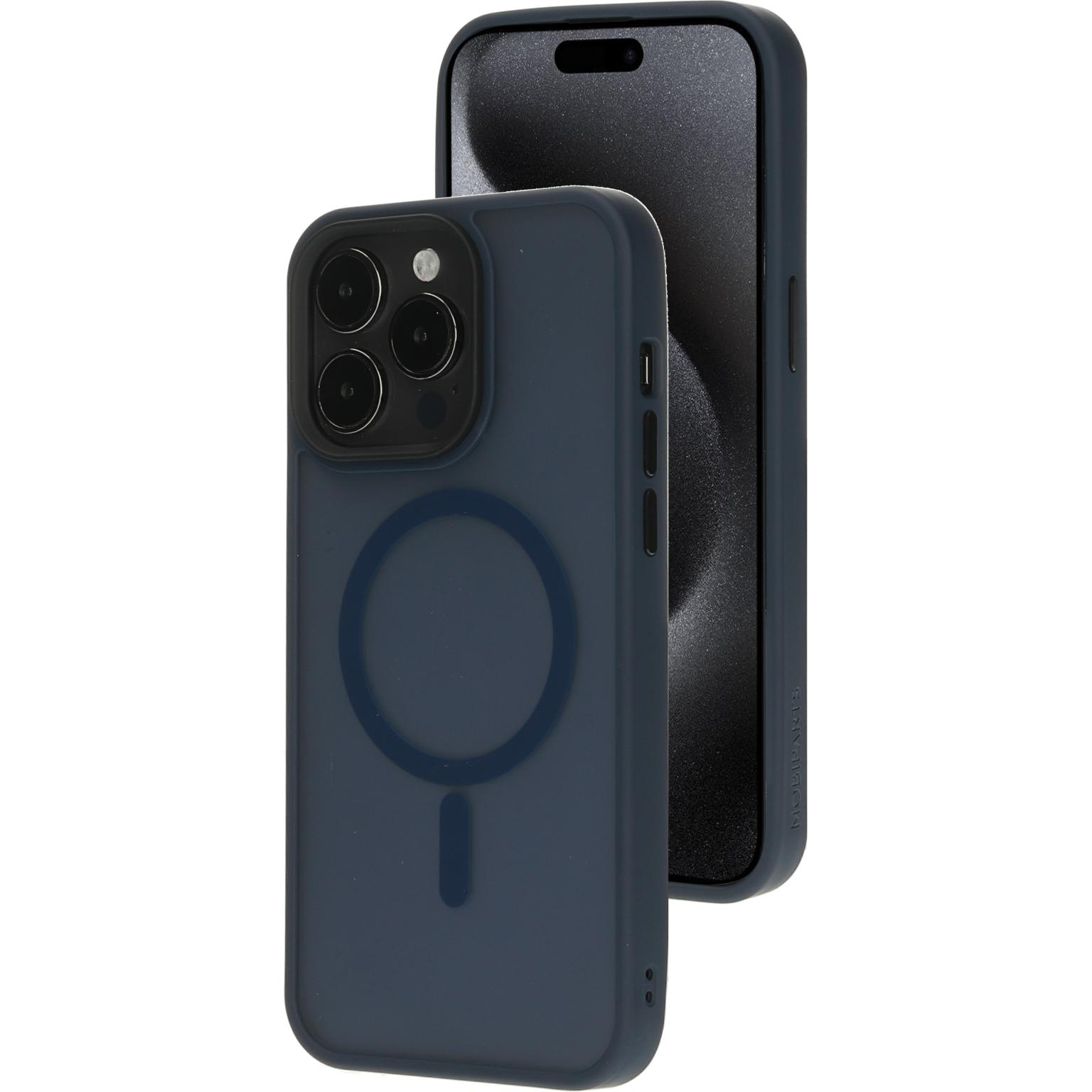 Donkerblauwe telefoonhoes met een magnetische cirkel. Een telefoon ernaast, met het scherm zichtbaar.