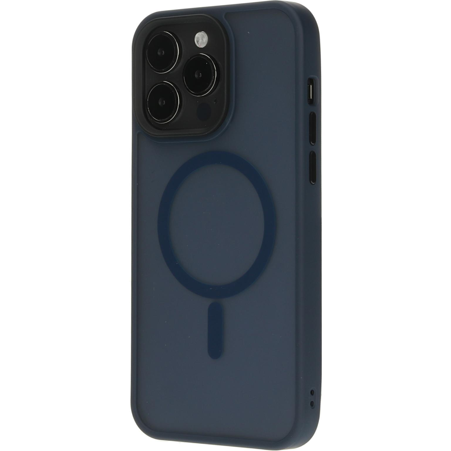 Blauwe telefoonhoes met een donkerblauw cirkelontwerp op de achterkant.
