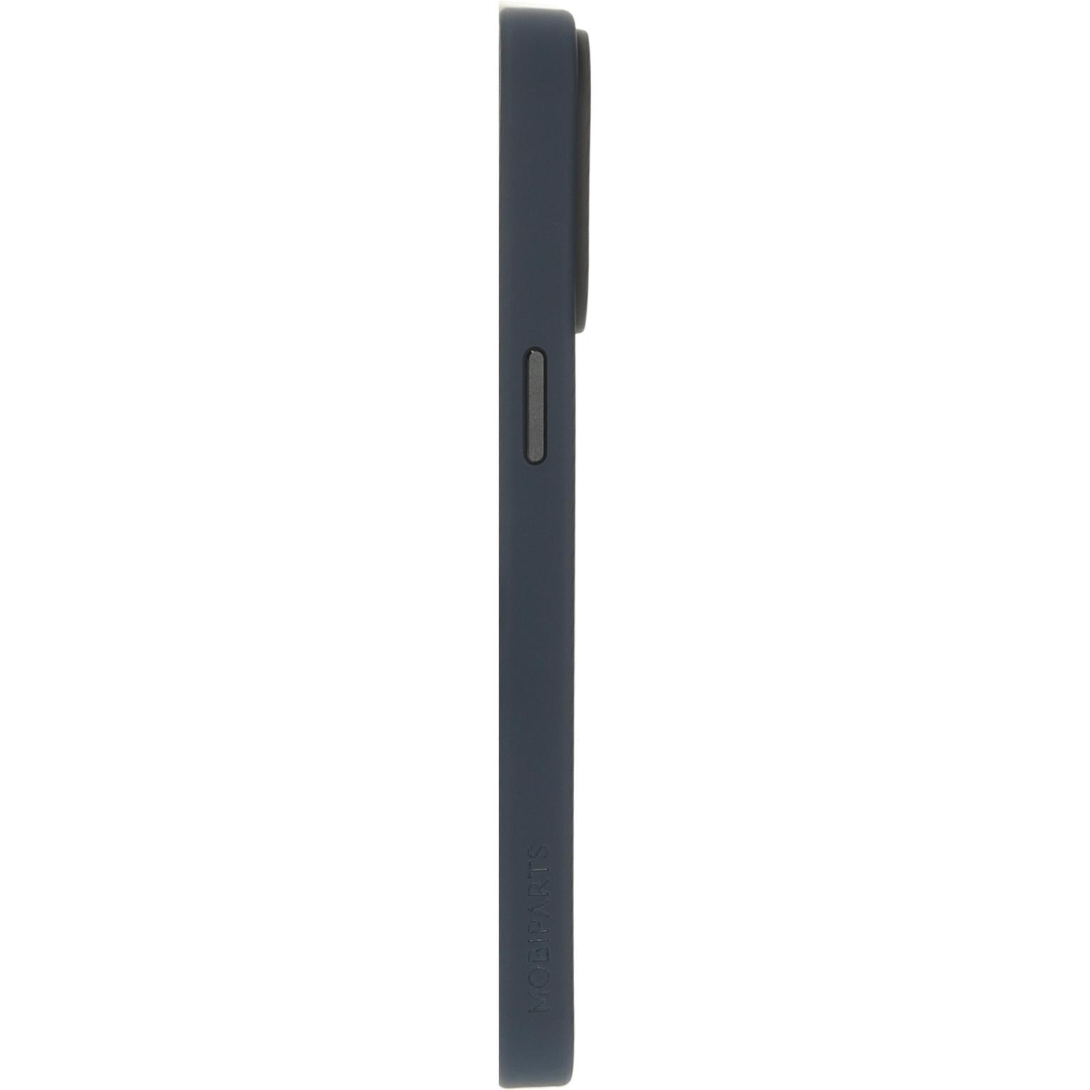 Een donkerblauwe telefoonhoes. Zijaanzicht toont de zijknoppen, met een logo.