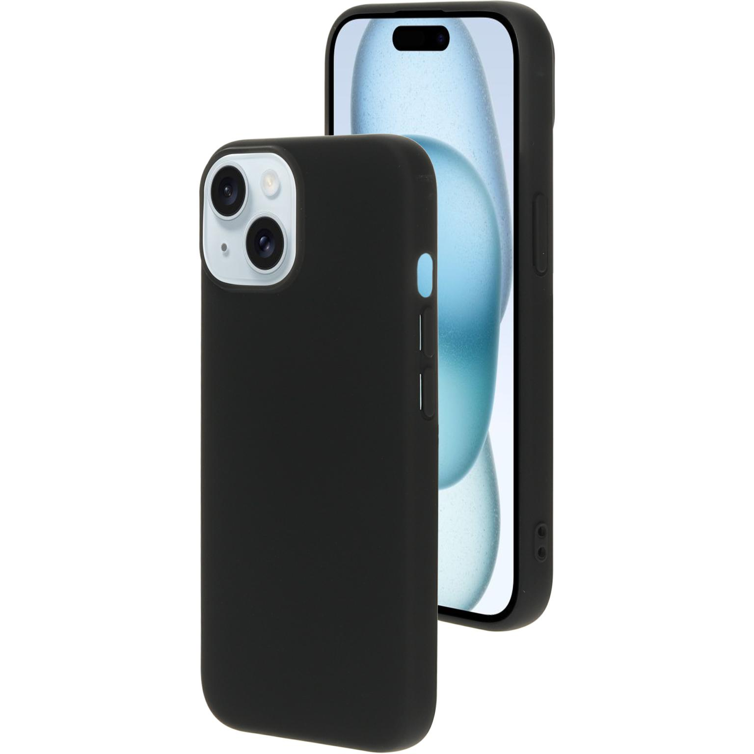 Zwarte telefoonhoes met telefoon. De telefoon heeft een dubbele camera.