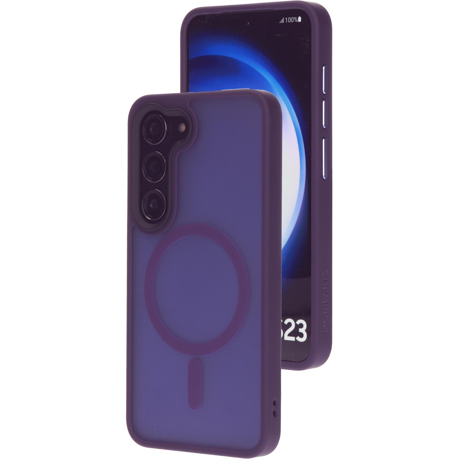 Paarse telefoonhoes. Telefoon met paars cirkelontwerp.